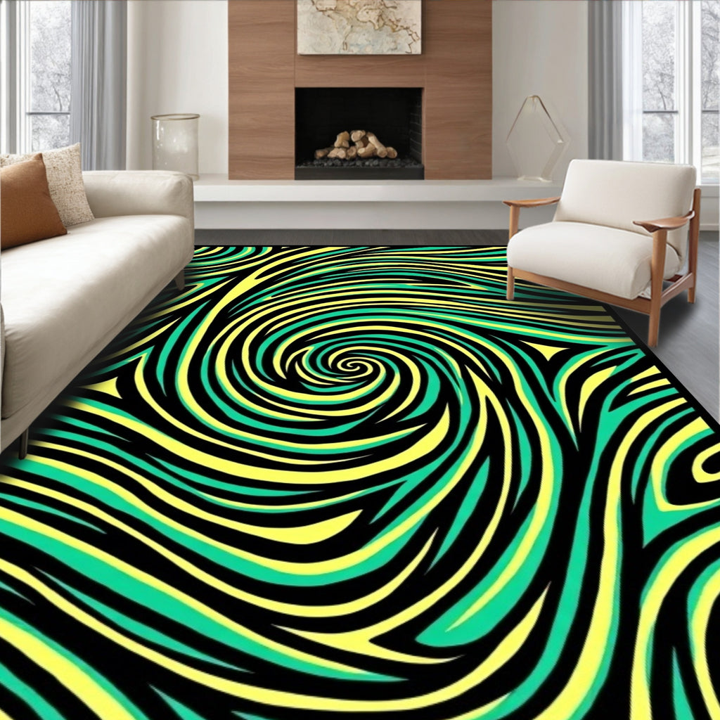 Black Yellow Teal Swirling Lines Rug