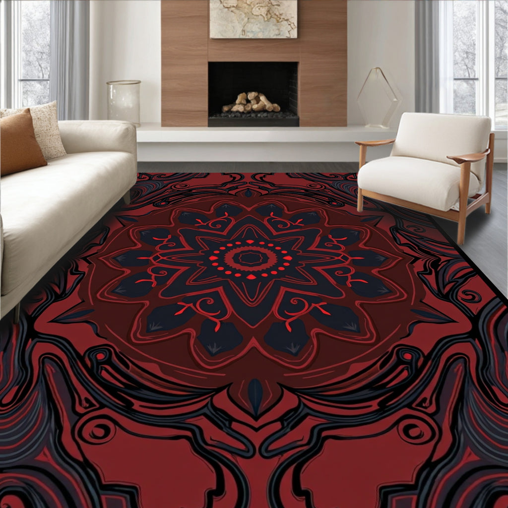 Dark Red Black Mandala Pattern Rug