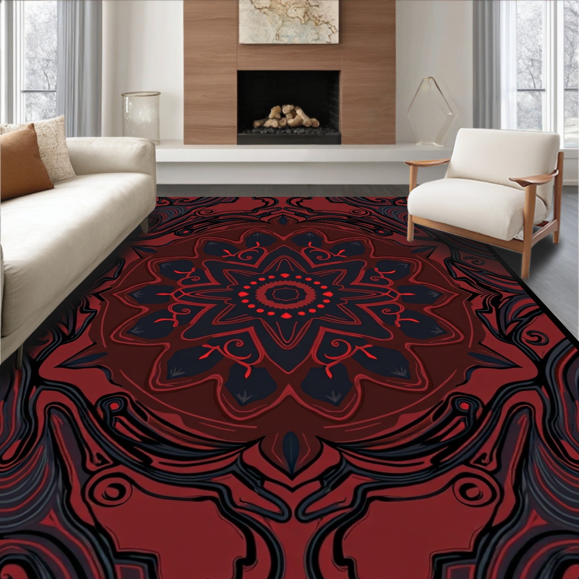 Dark Red Black Mandala Pattern Rug