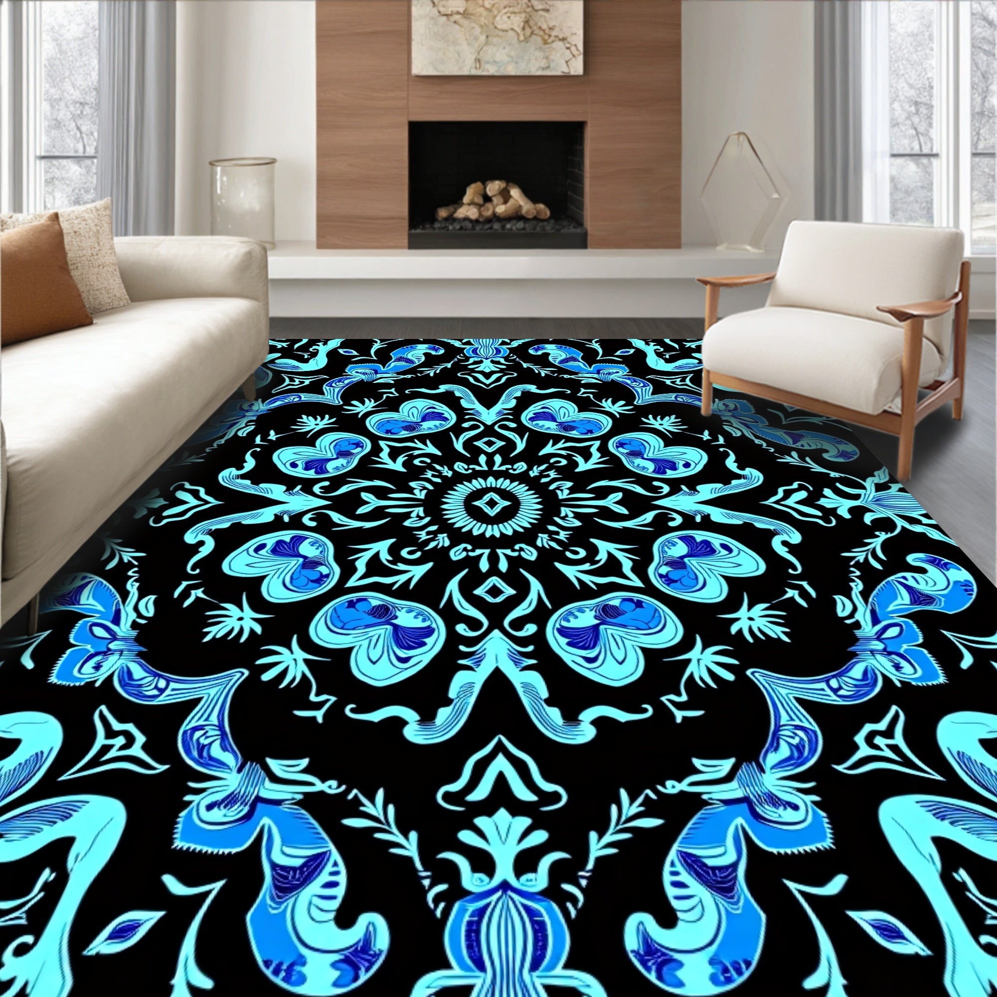 Intricate Blue Floral Damask Pattern Rug