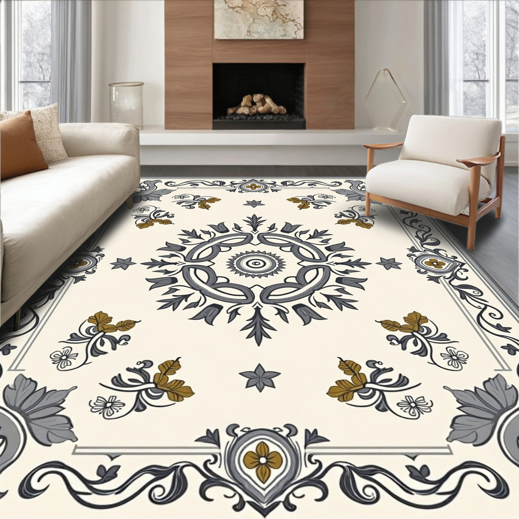Ornate Floral Medallion Gray Gold Rug