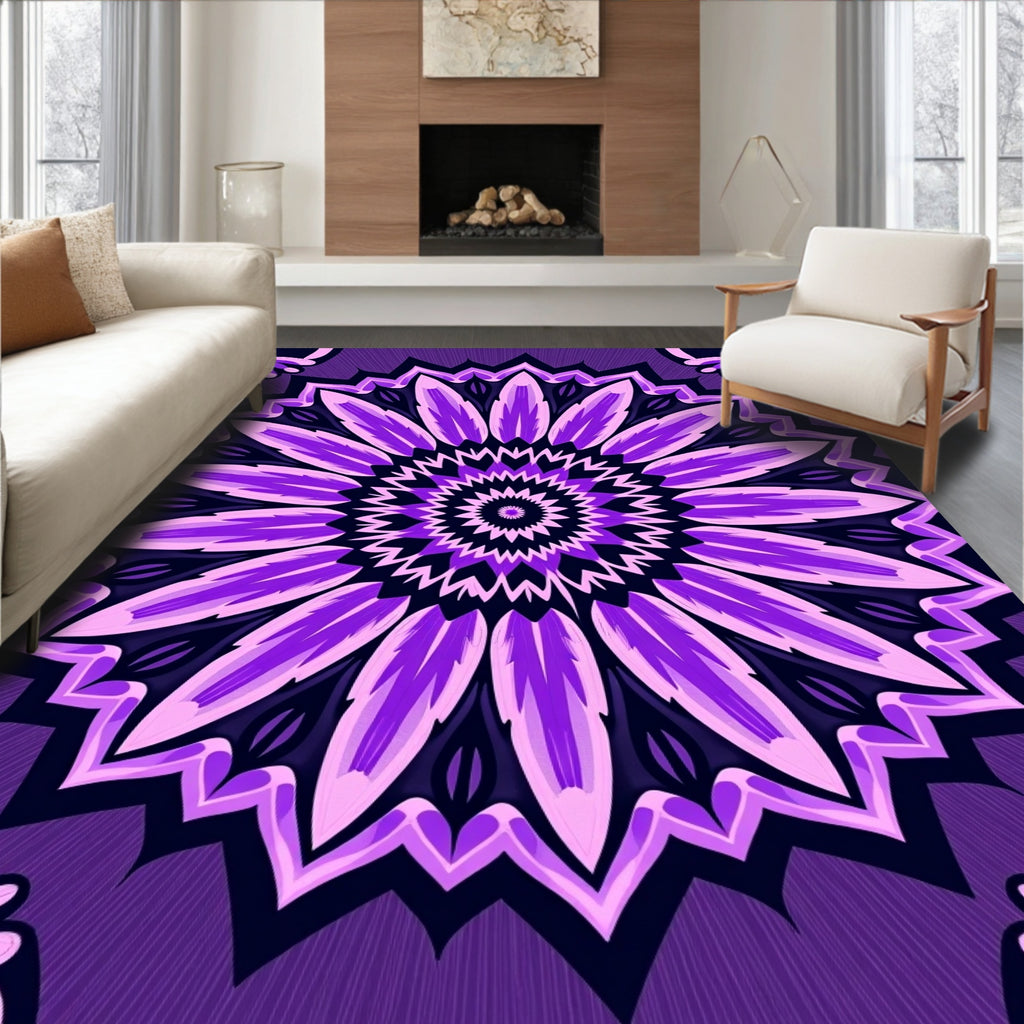 Purple Floral Sunburst Mandala Design Rug