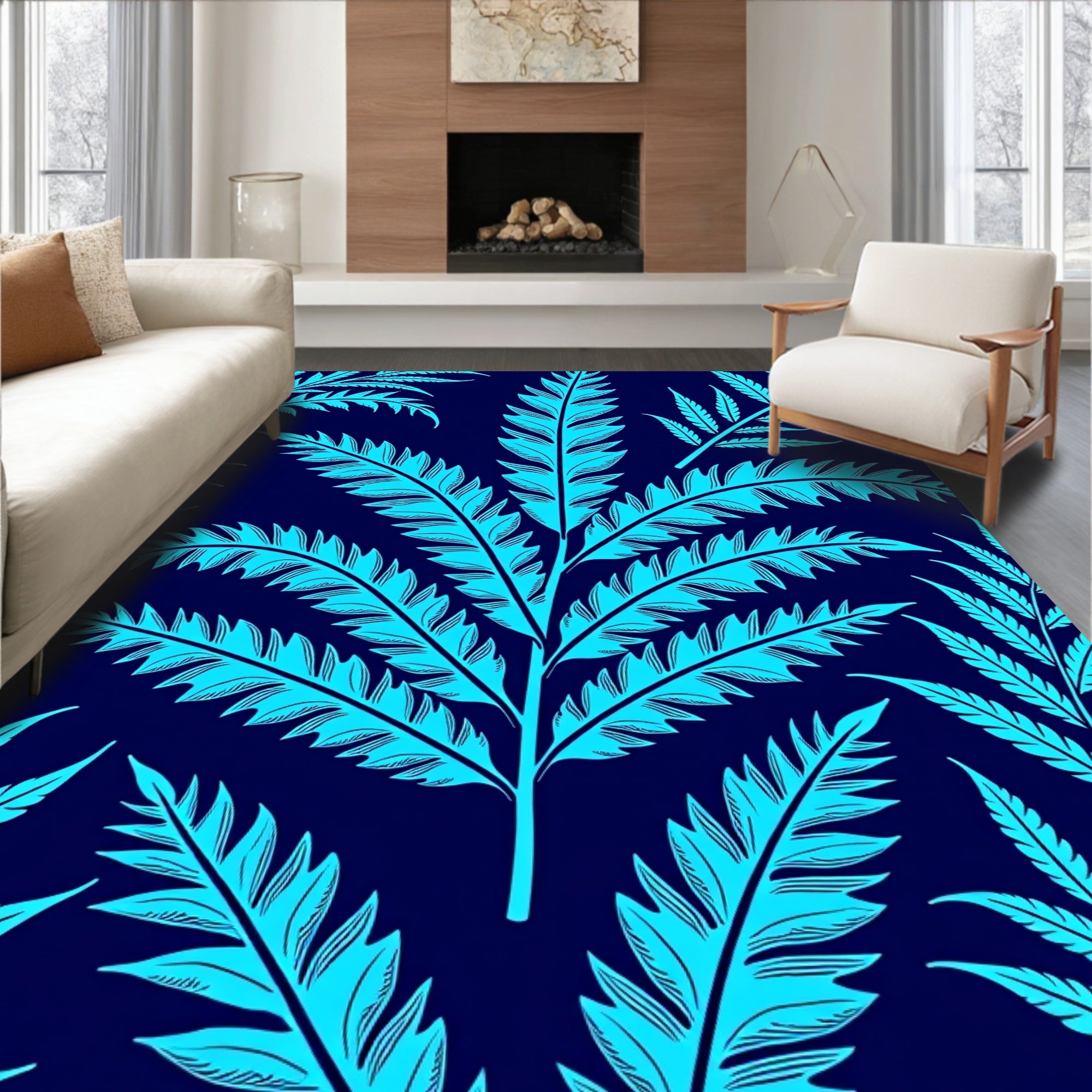 Cyan Fern Pattern On Navy Background Rug