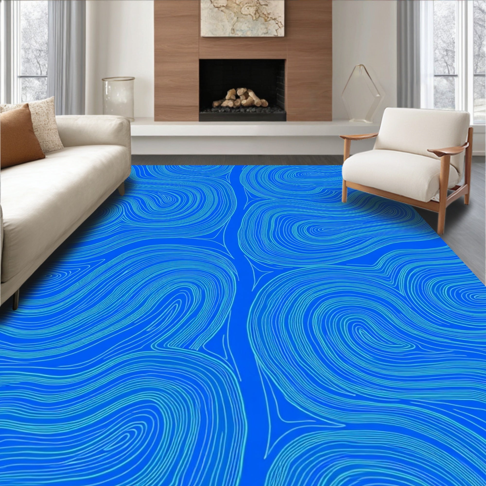 Abstract Blue Swirl Lines Rug