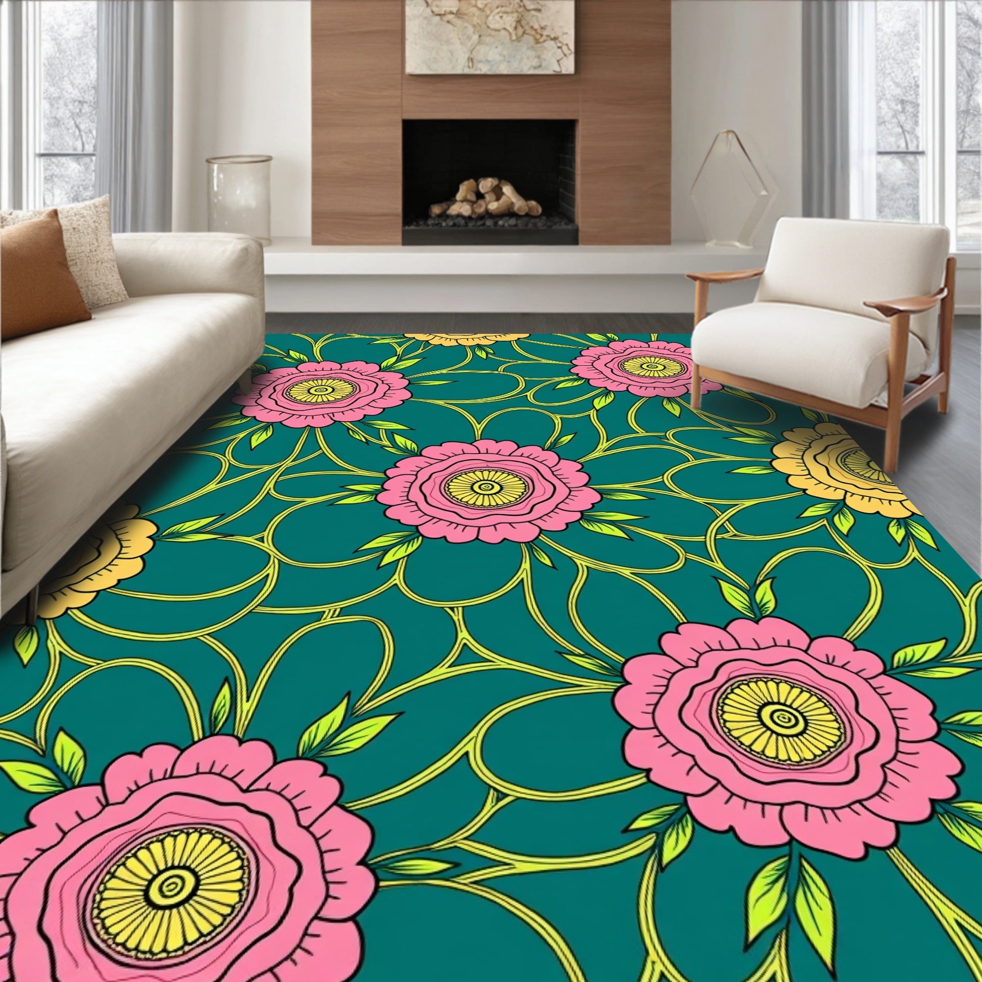 Pink Yellow Floral Vine Design Rug