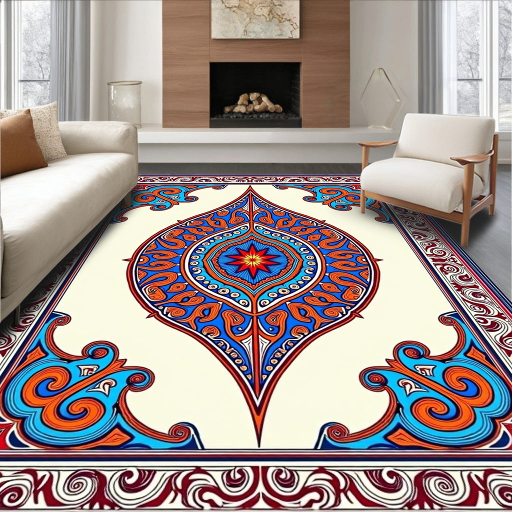 Ornate Blue Orange Floral Medallion Design Rug