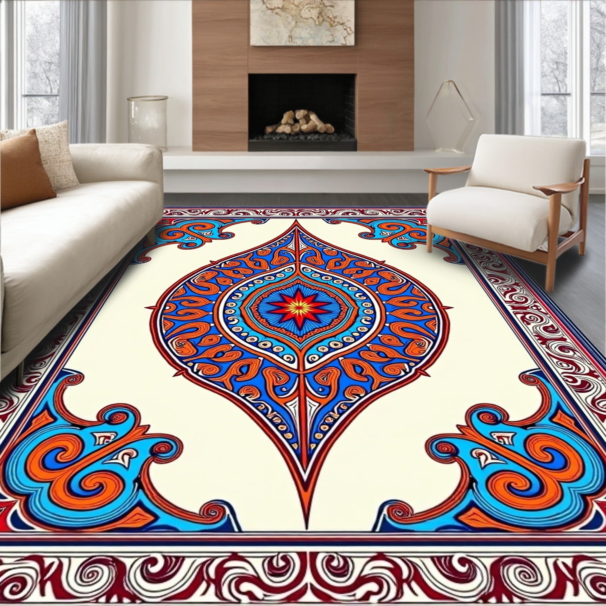 Ornate Blue Orange Floral Medallion Design Rug