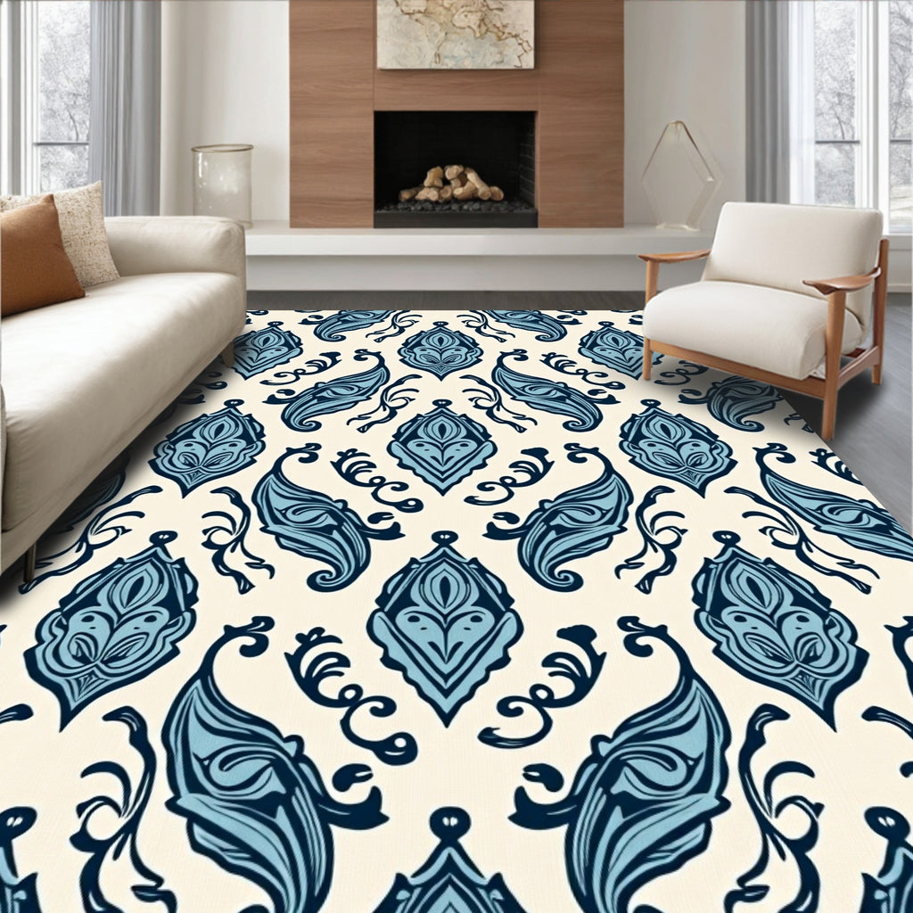 Damask Blue Floral Classic Pattern Rug