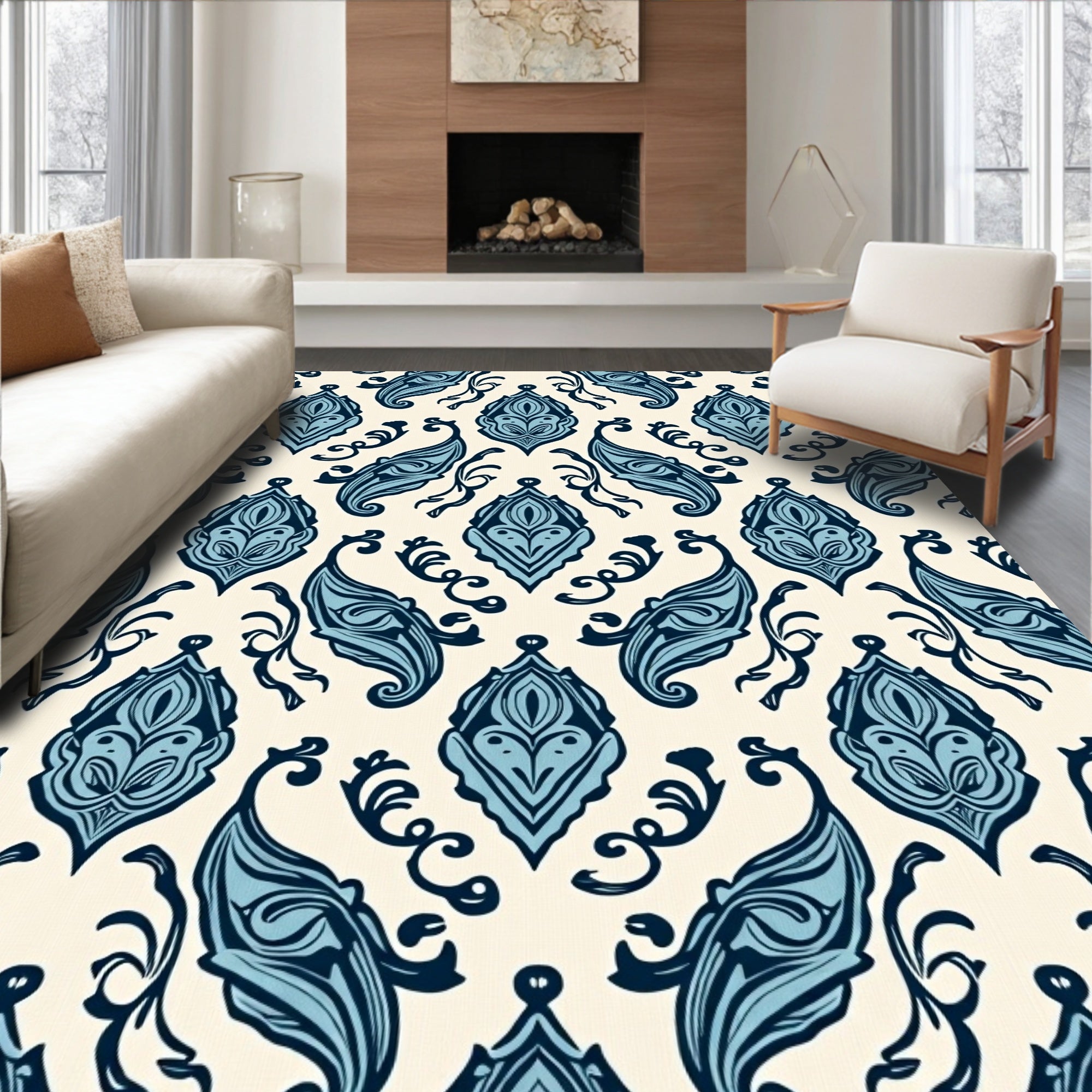 Damask Blue Floral Classic Pattern Rug