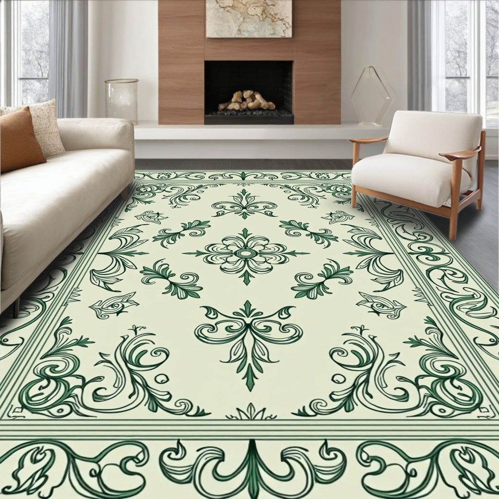 Elegant Green Scrollwork Floral Pattern Rug