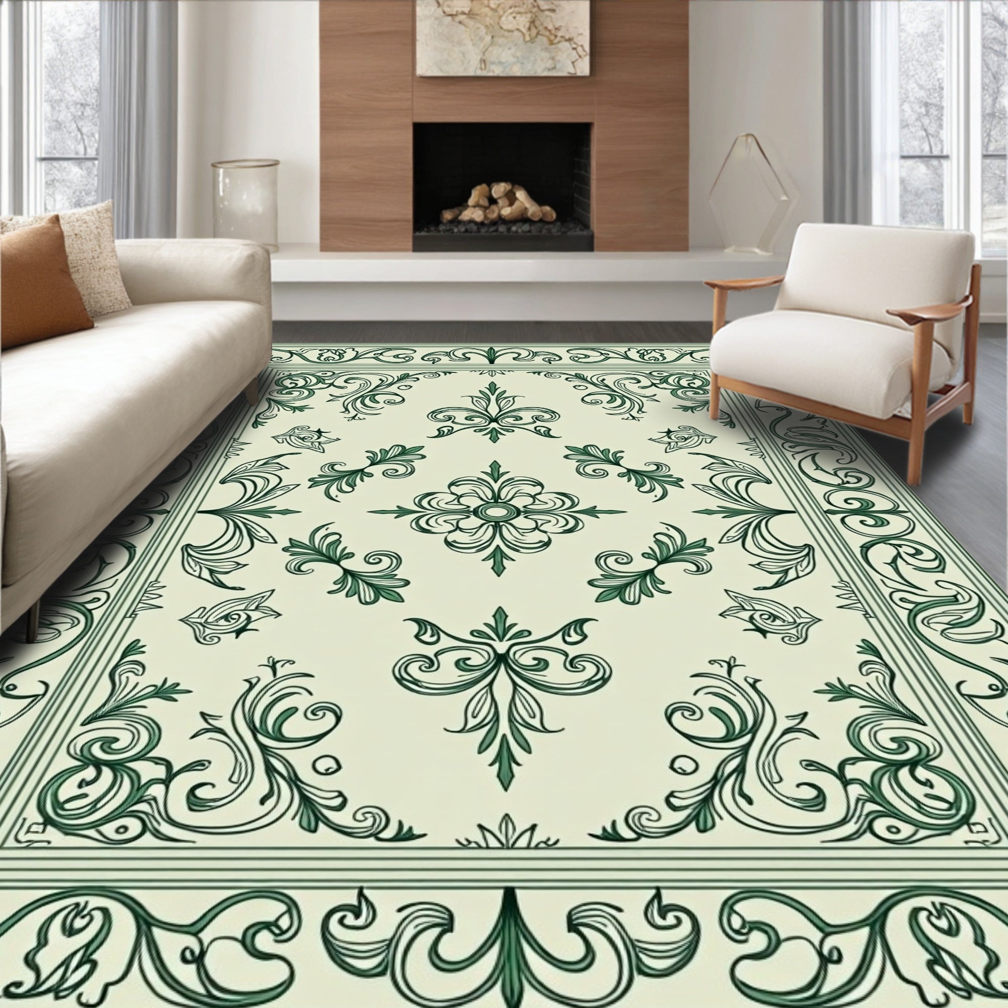 Elegant Green Scrollwork Floral Pattern Rug