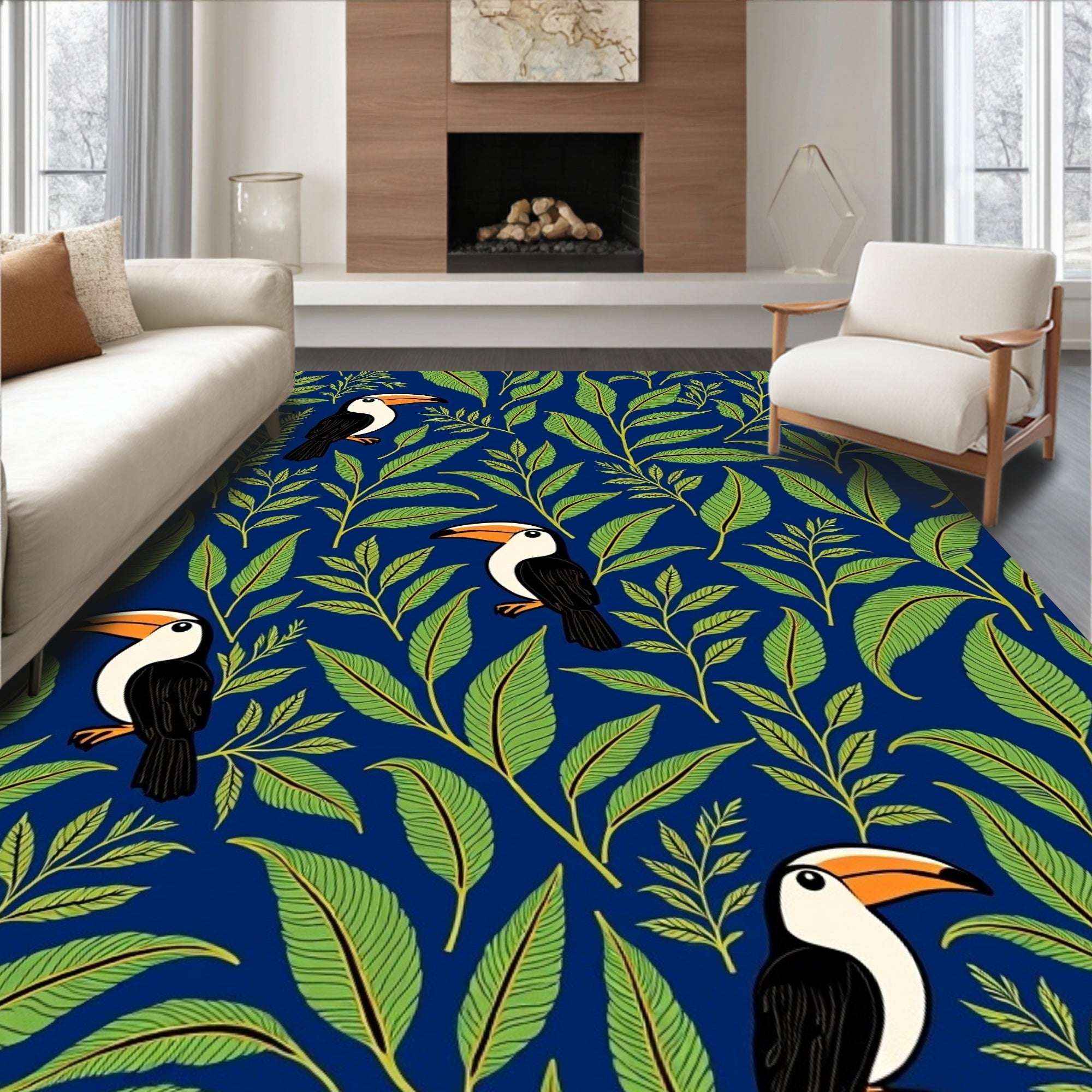 Tropical Toucan Leaf Pattern Rug