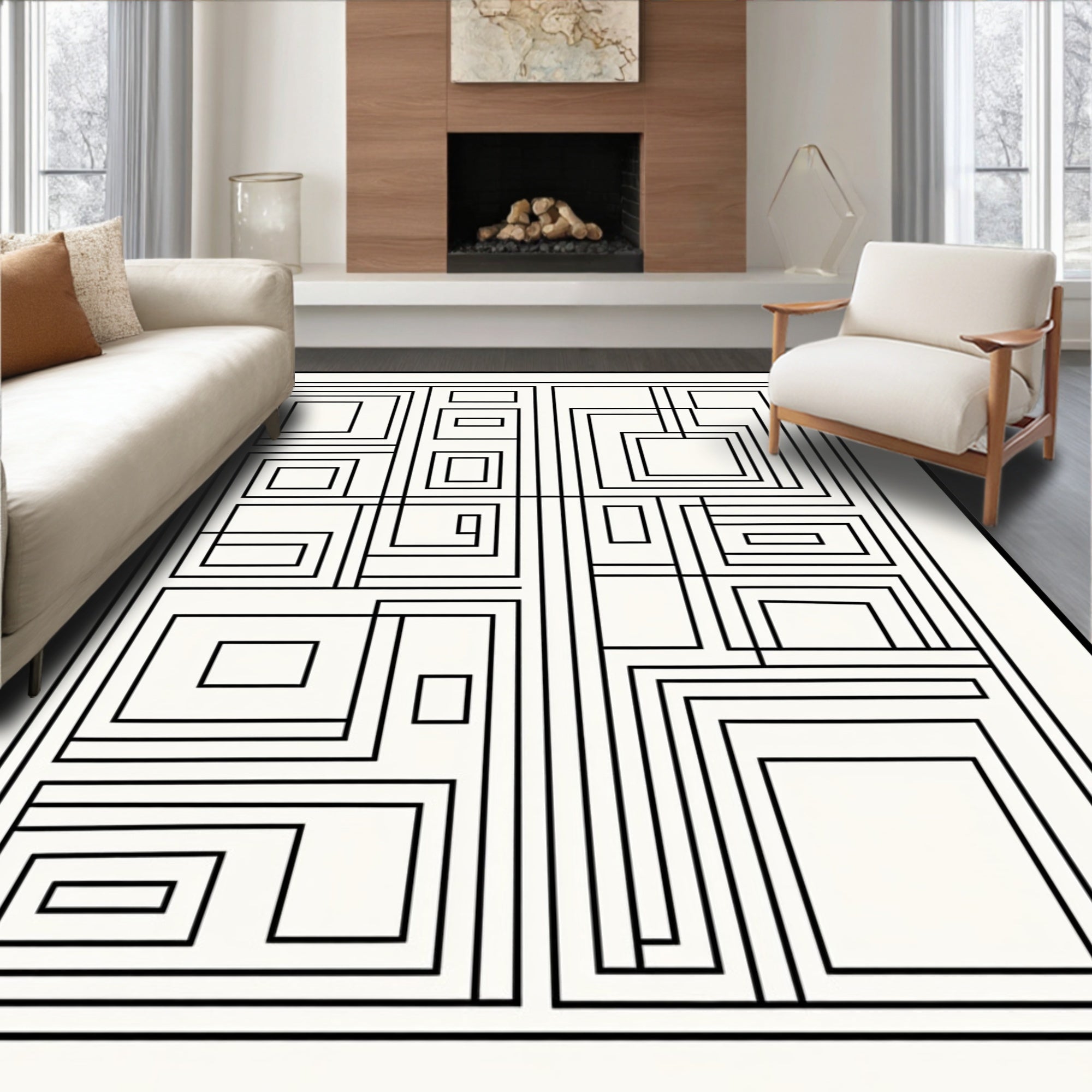 Abstract Geometric Black White Linework Design Rug