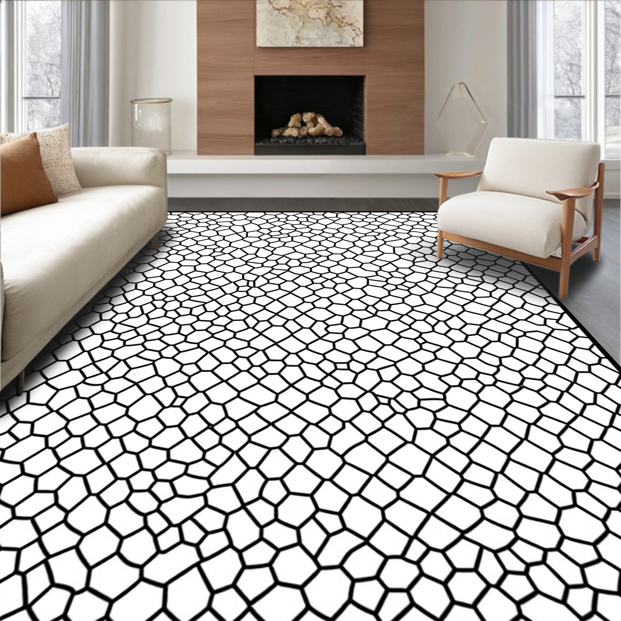 Organic Black White Mesh Pattern Rug