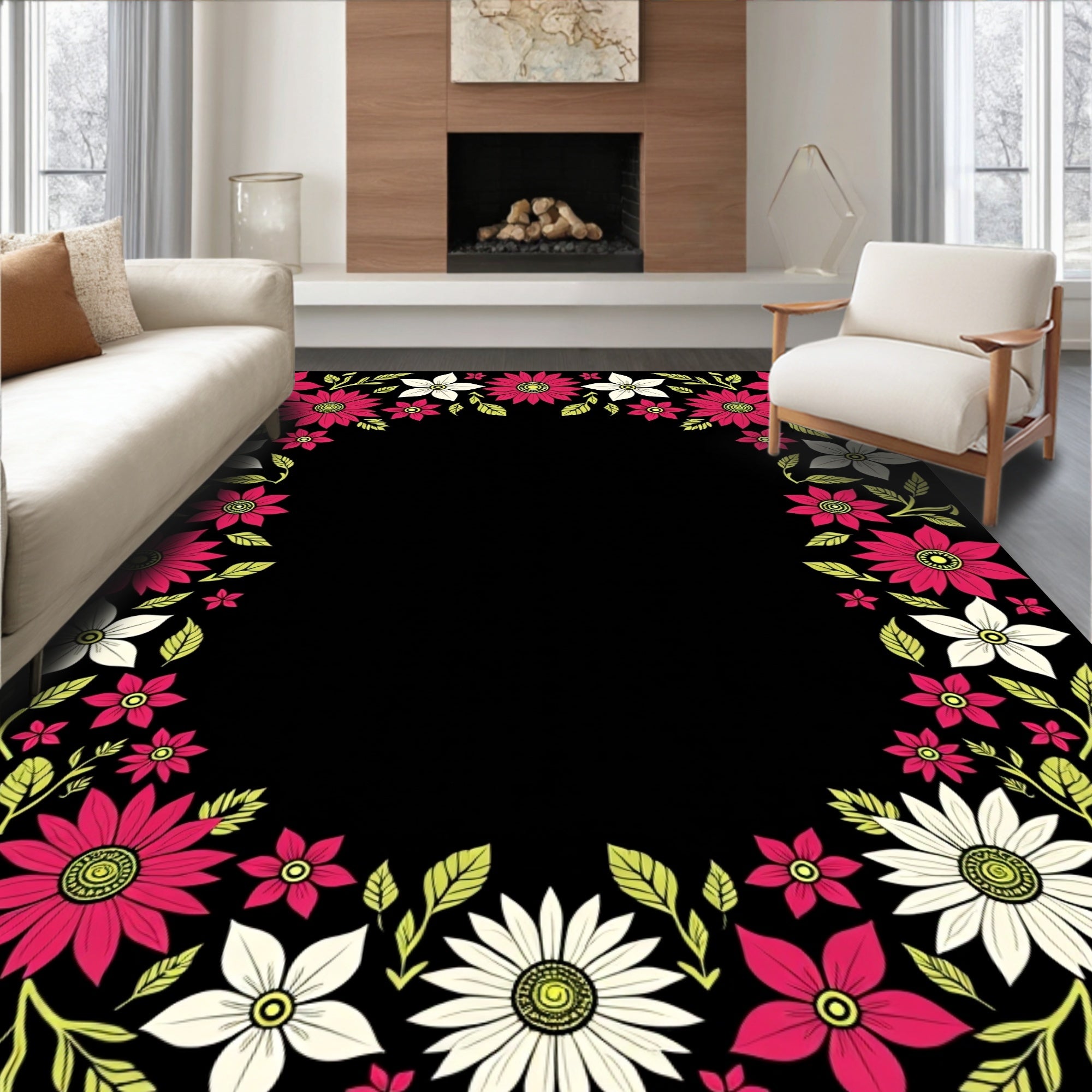 Framed Pink White Floral Garden Rug
