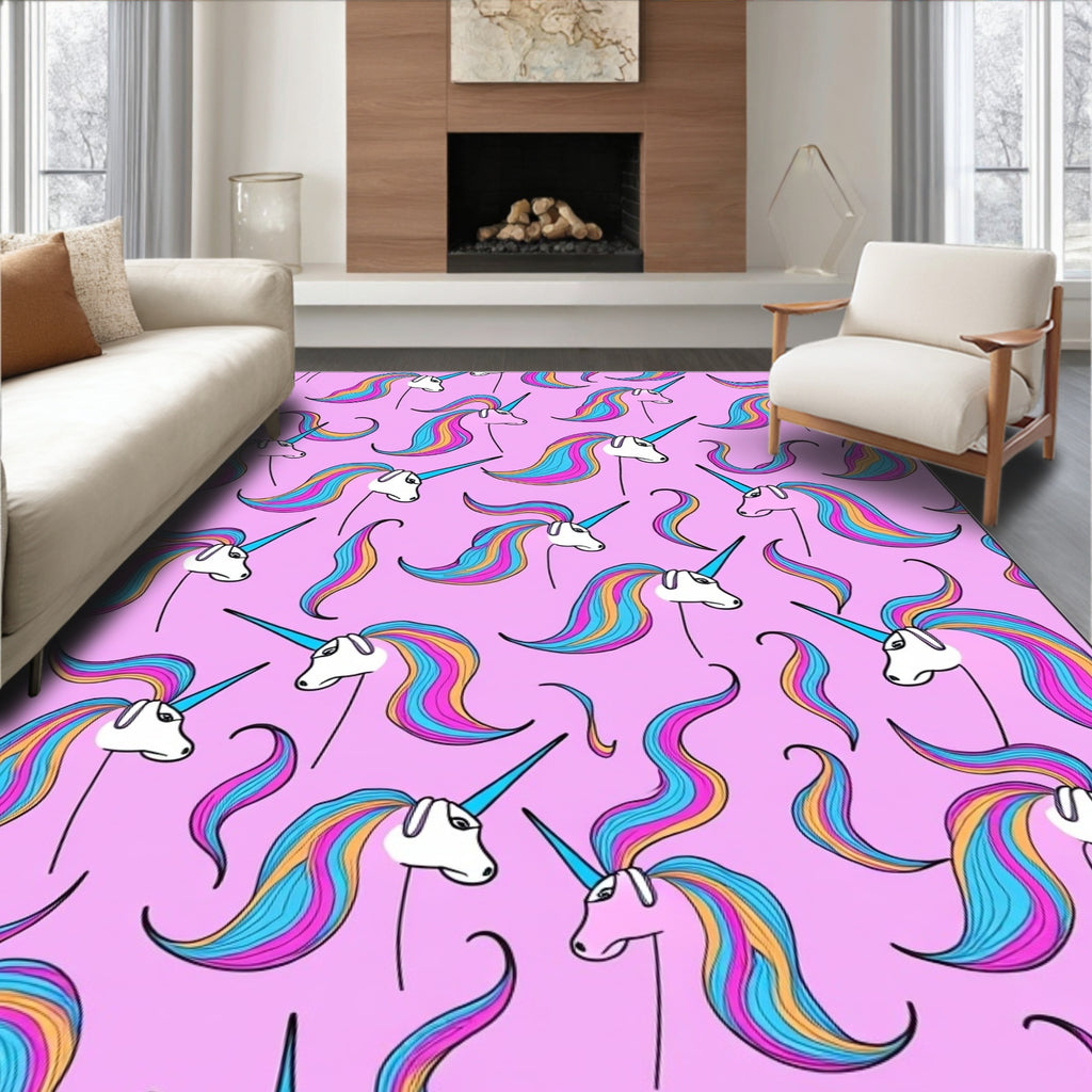 Rainbow Unicorn Print With Pink Background Rug