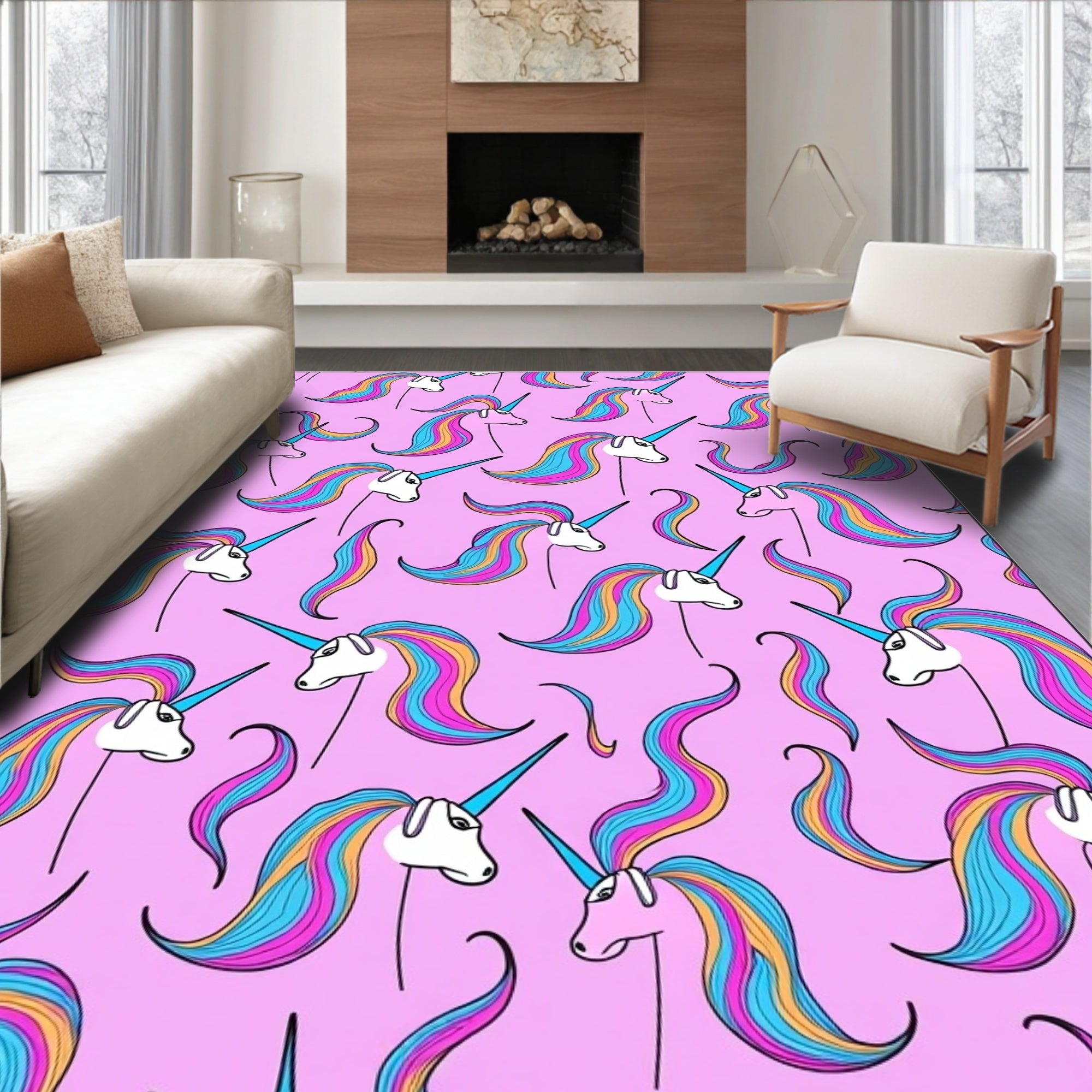 Rainbow Unicorn Print With Pink Background Rug