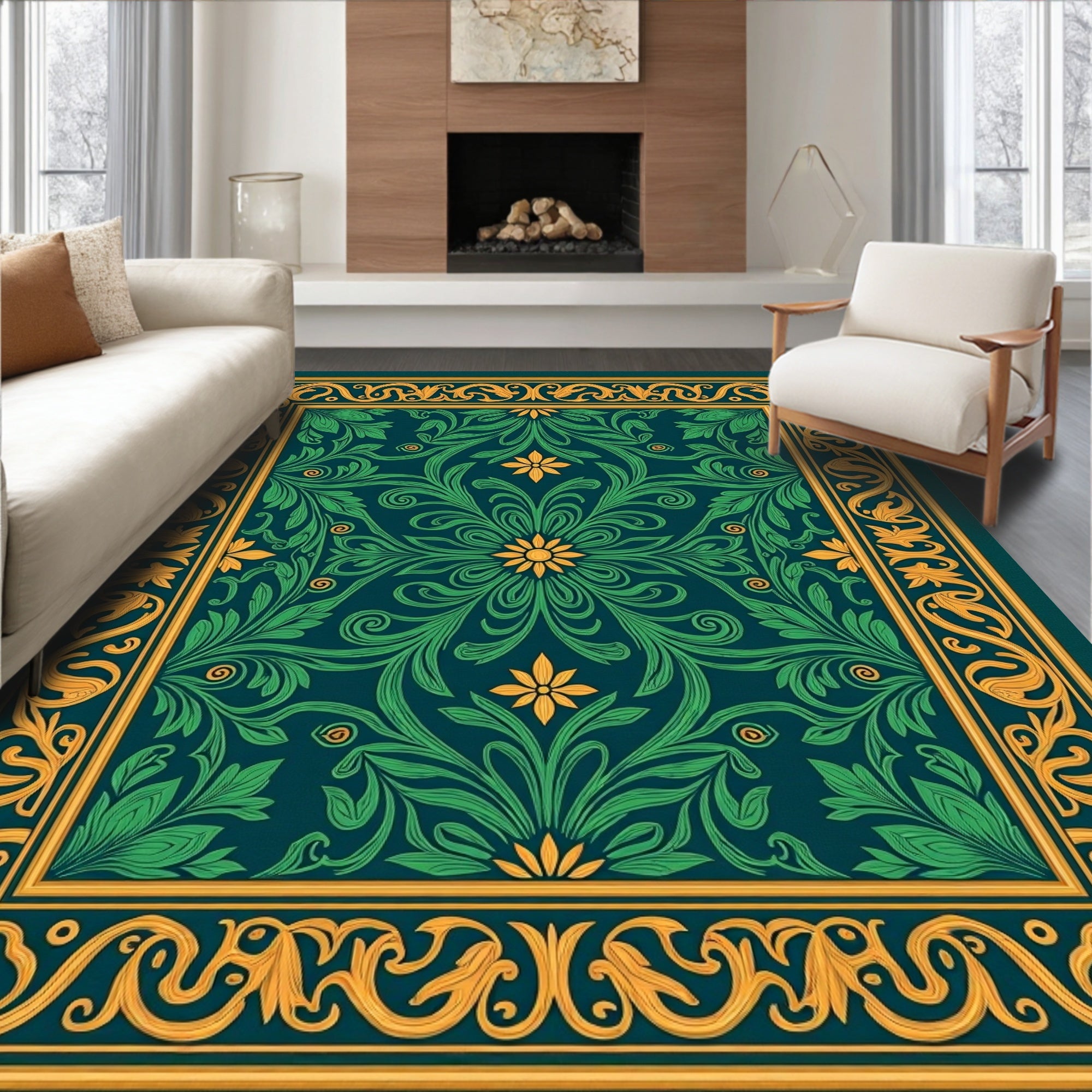 Ornate Floral Bordered Pattern Rug