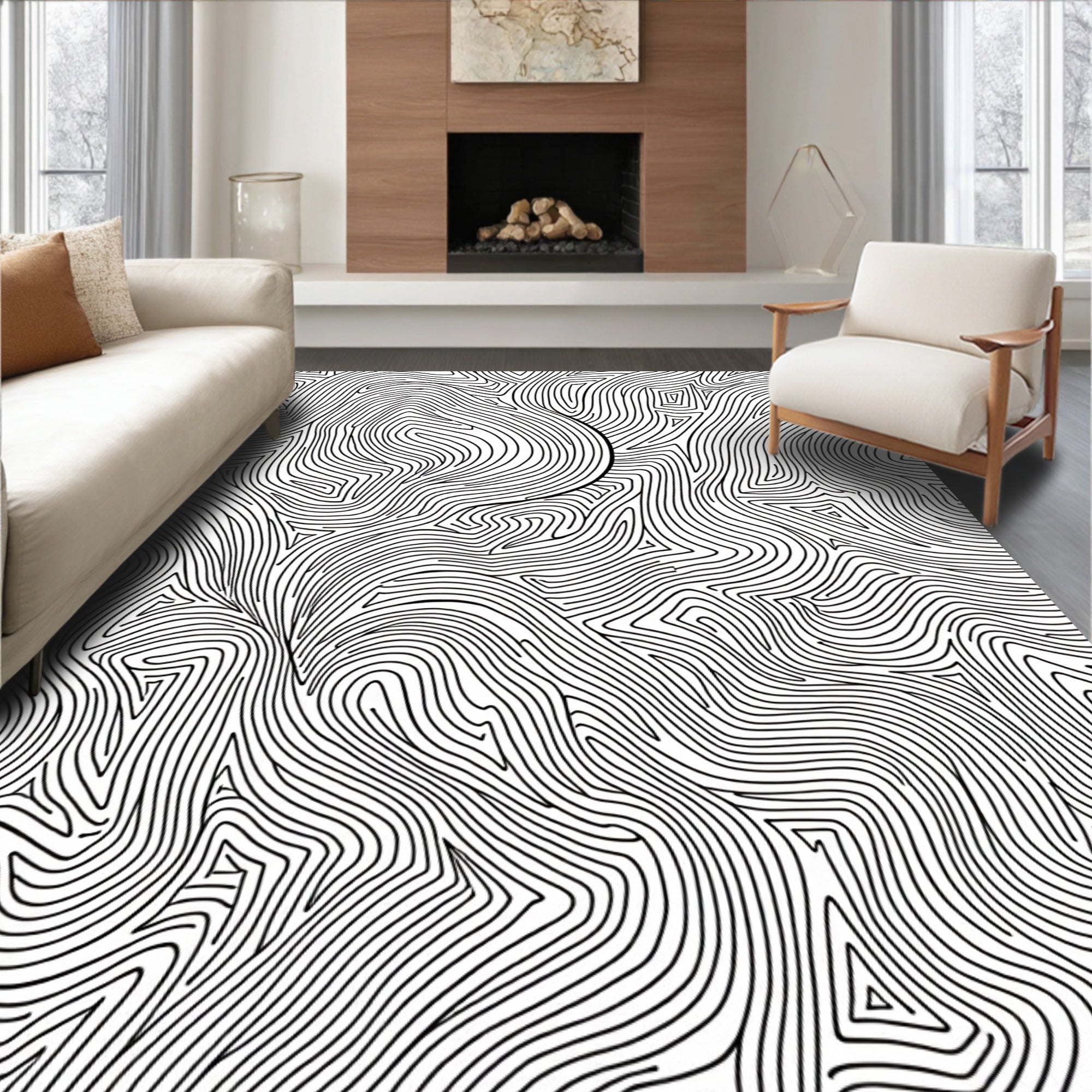 Abstract Black And White Wavy Pattern Rug