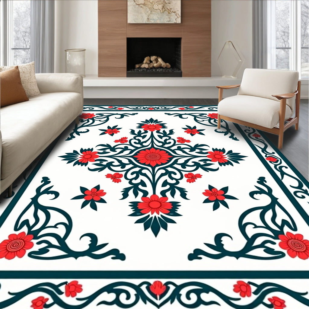 Red Floral Scrollwork Inlay Design Rug