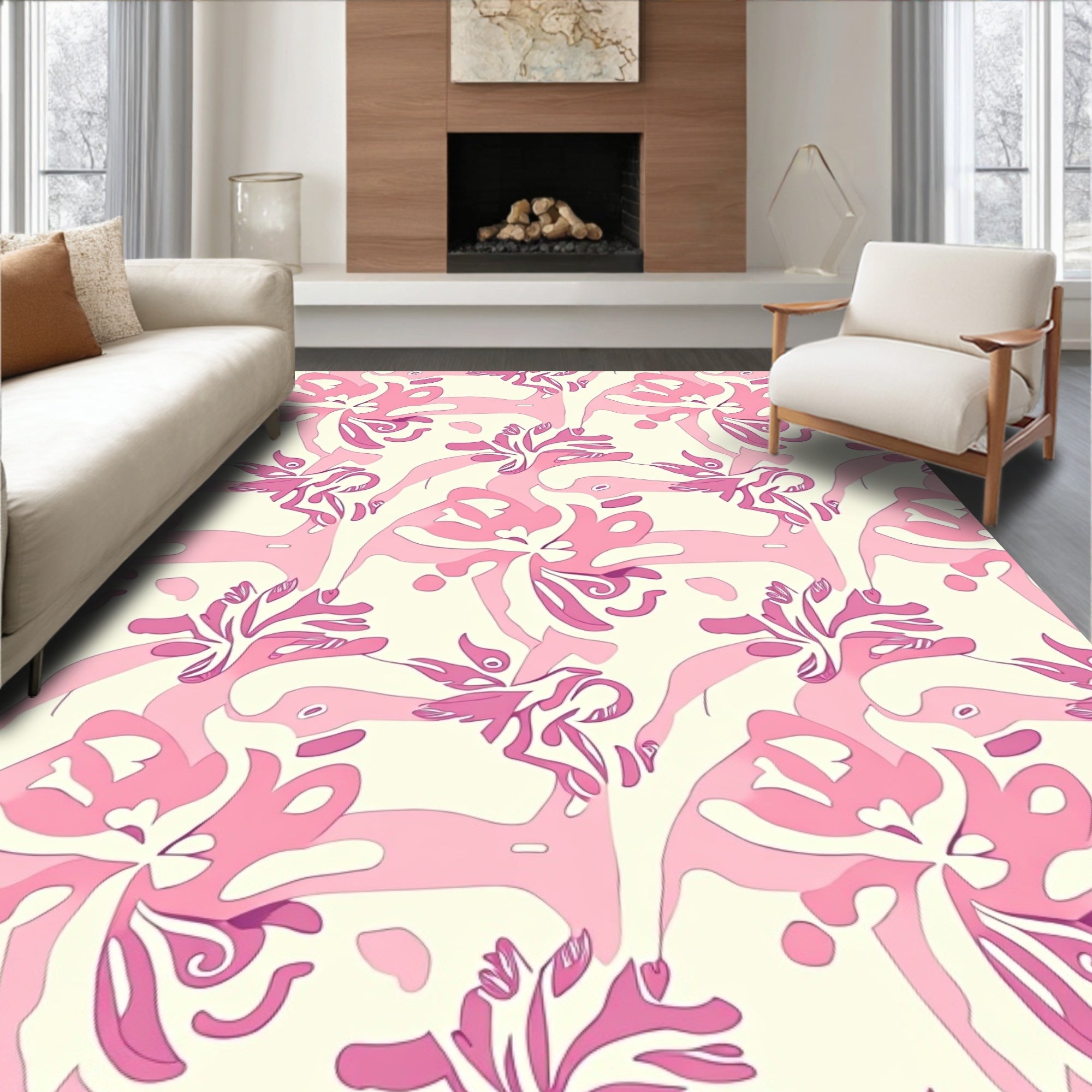Whimsical Pink Floral Abstract Design Rug