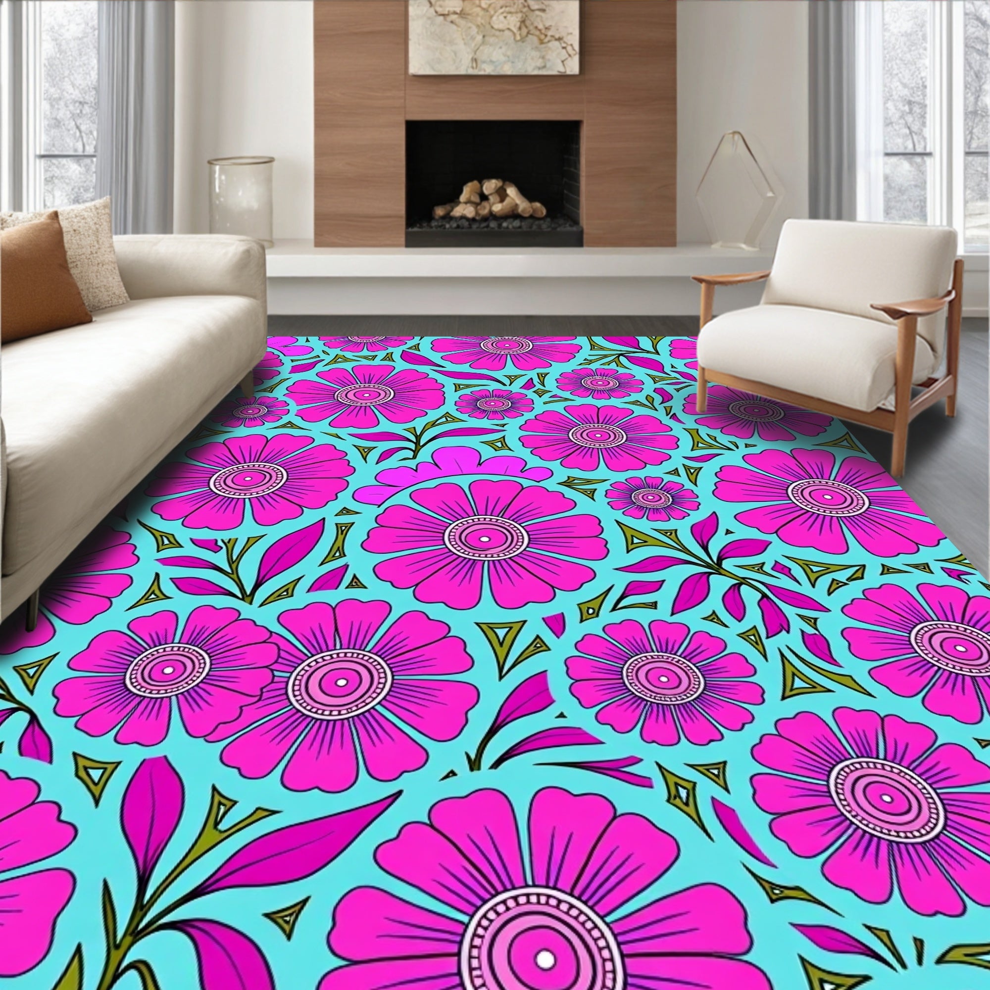Bold Pink Floral Pattern Rug
