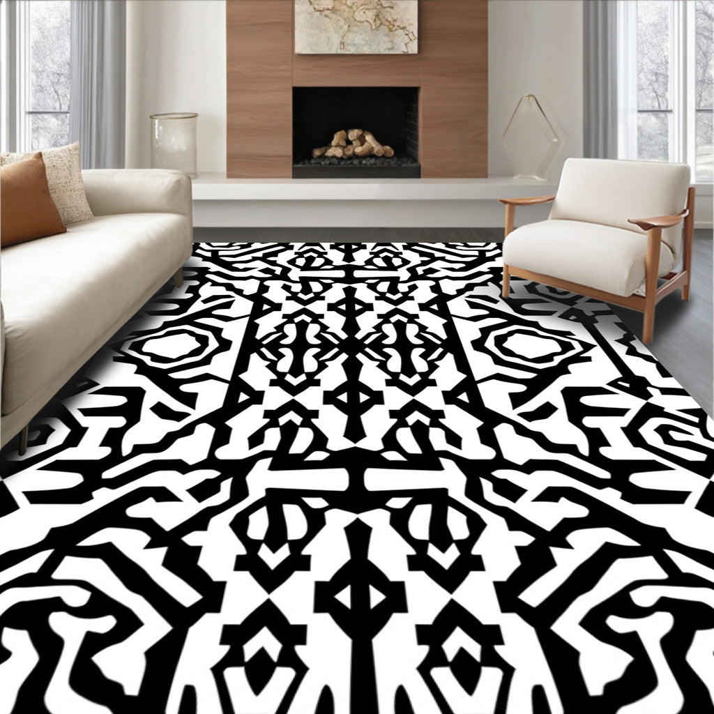 Bold Black White Abstract Maze Design Rug