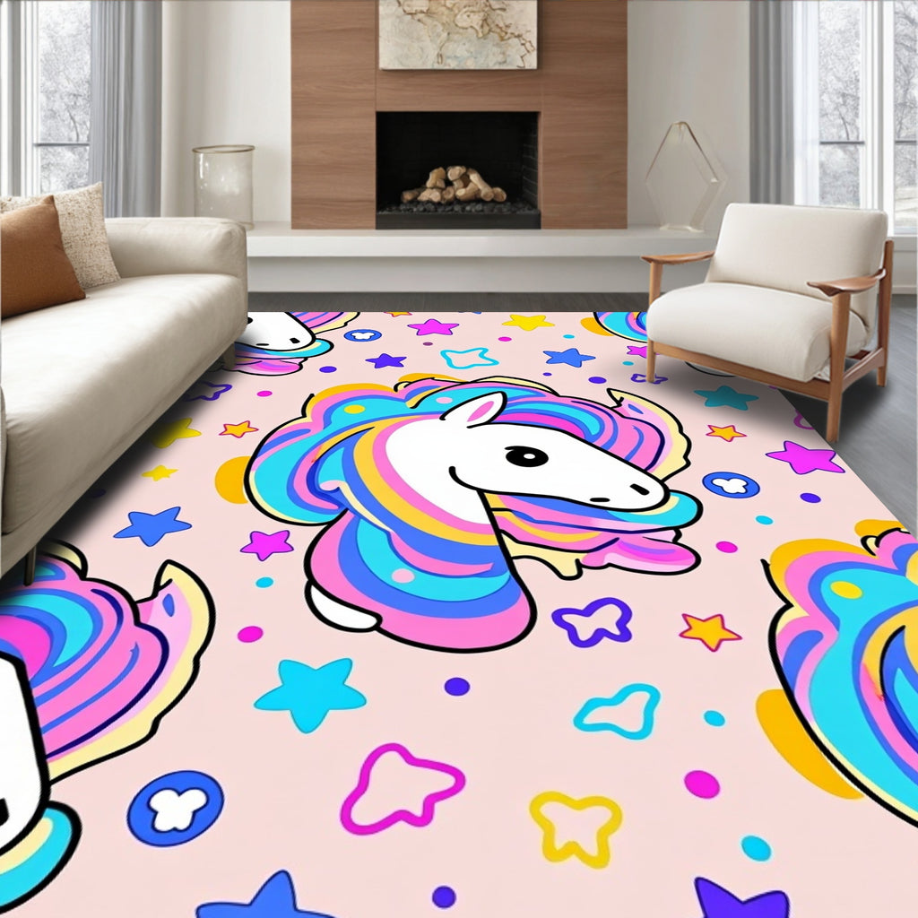 Playful Unicorn Rainbow Stars Pattern Rug