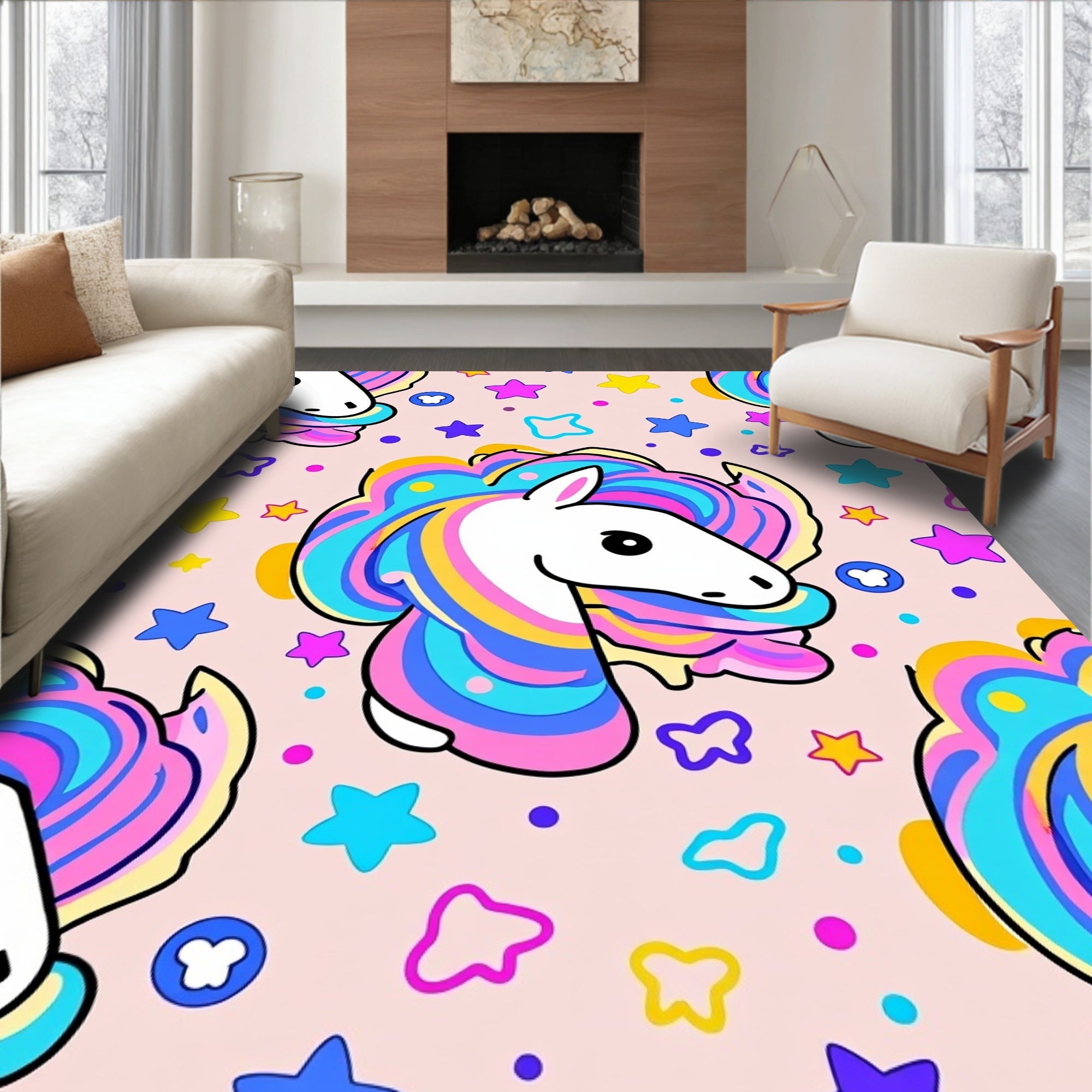 Playful Unicorn Rainbow Stars Pattern Rug