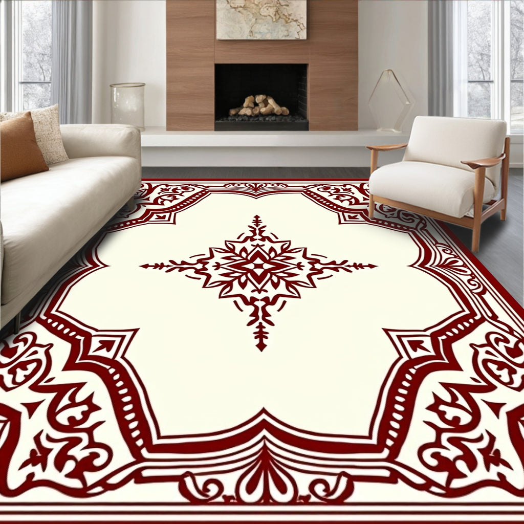 Ornate Red Cream Floral Design Rug