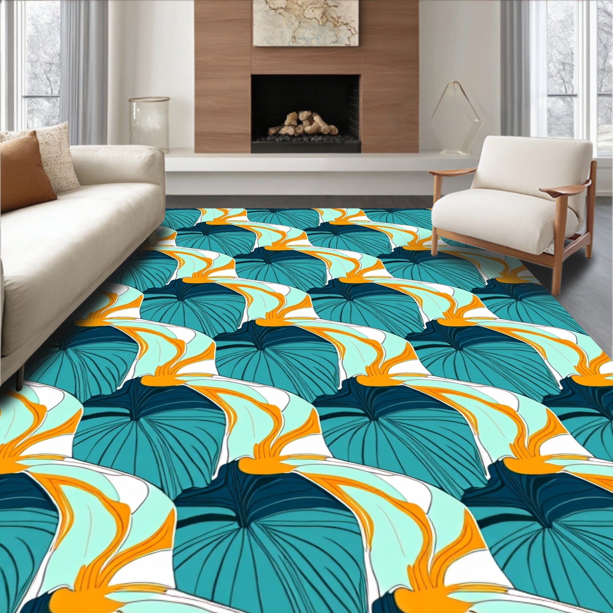 Bold Teal Orange Leaf Pattern Rug