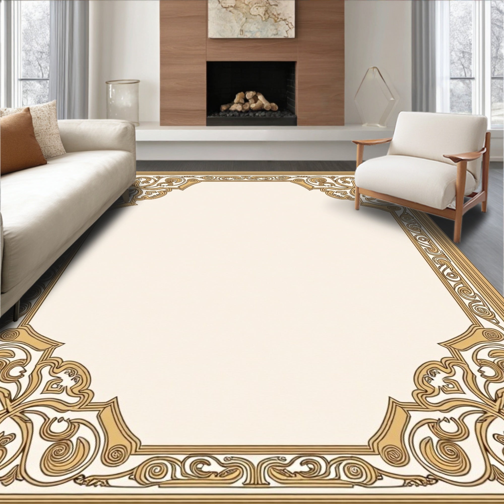 Elegant Golden Scrollwork Floral Pattern Rug