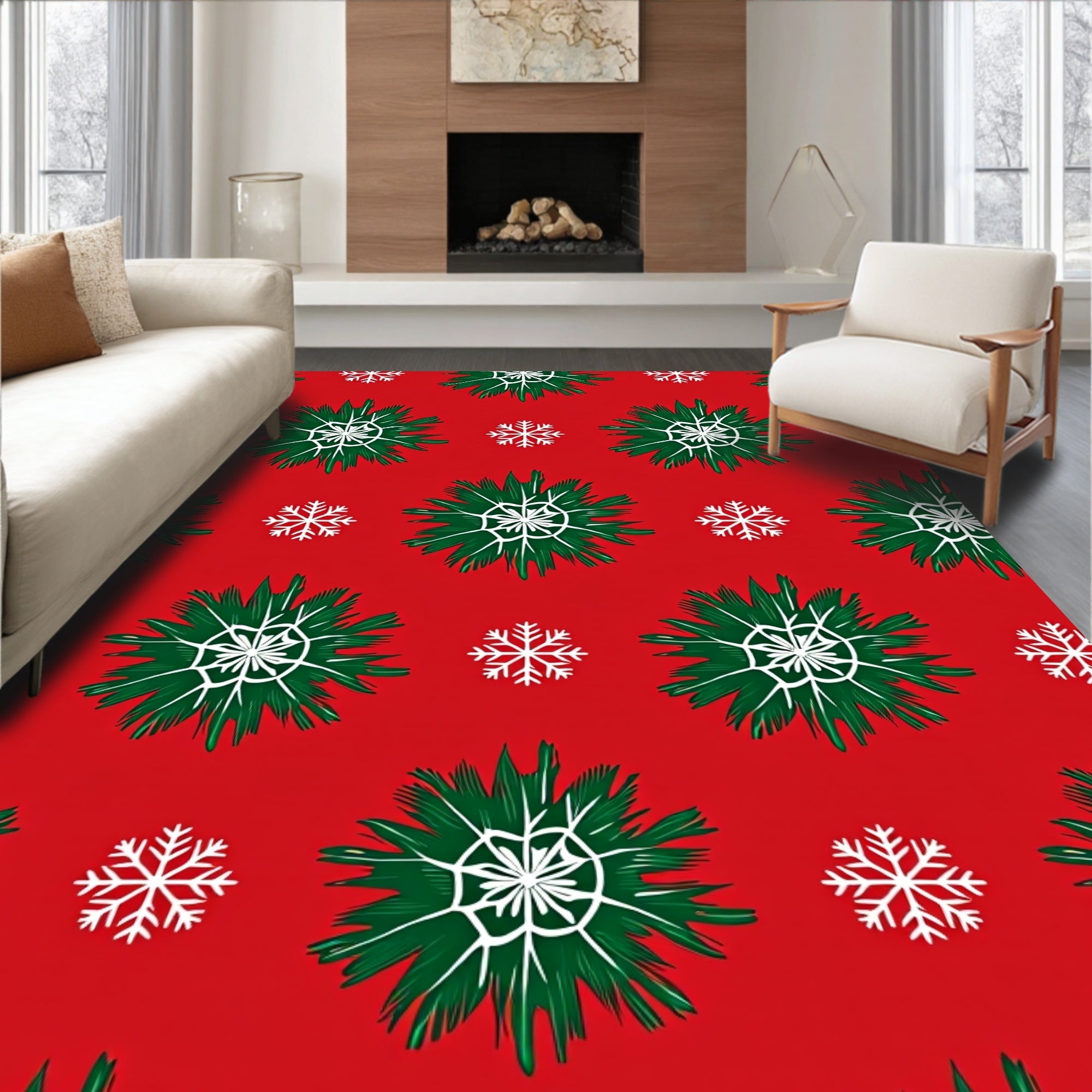 Festive Red Green Snowflake Snowburst Rug