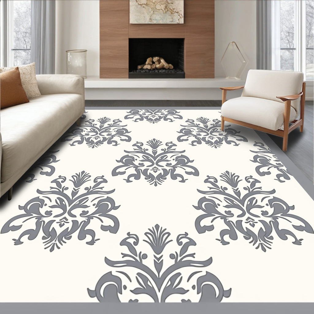 Elegant Gray Floral Damask Rug