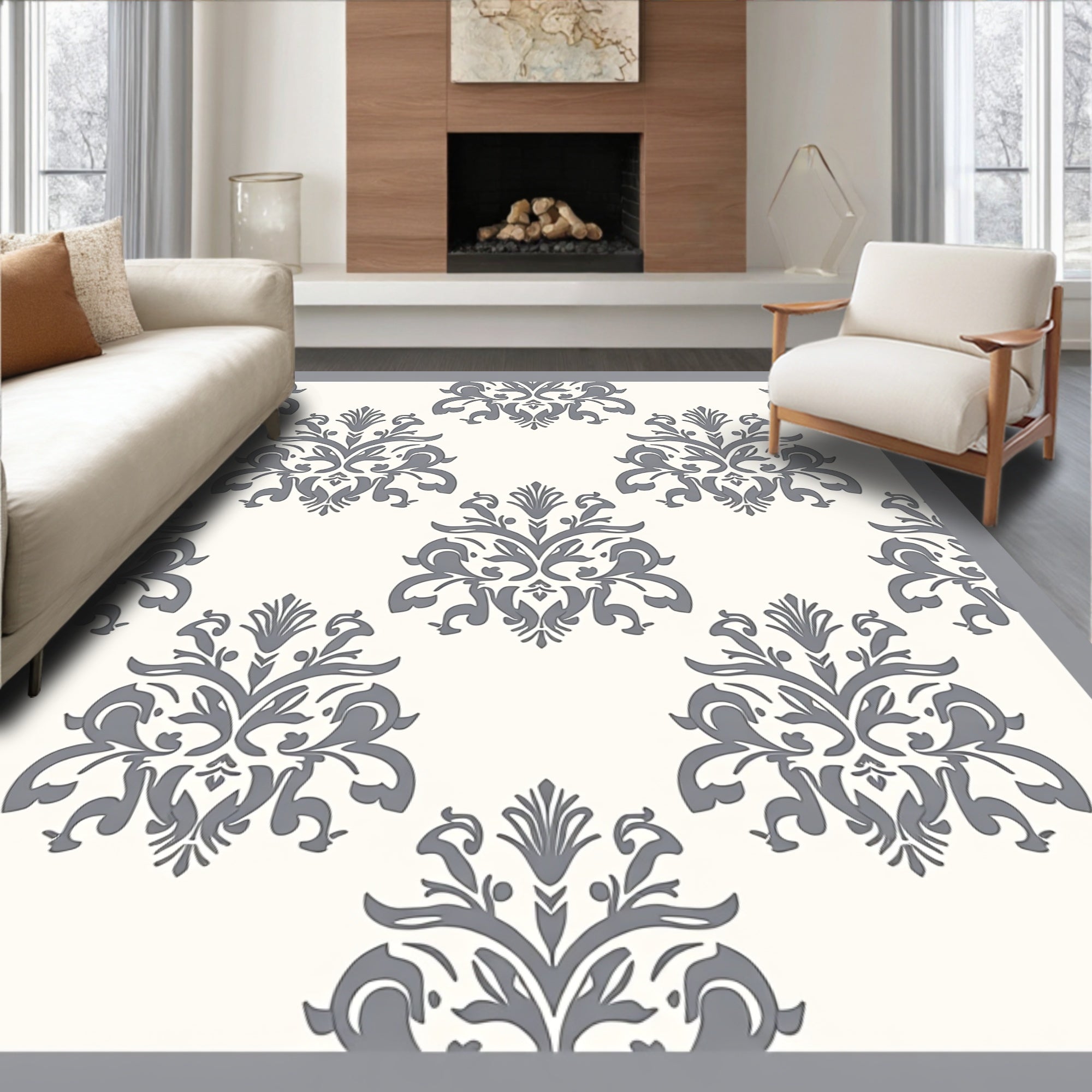 Elegant Gray Floral Damask Rug