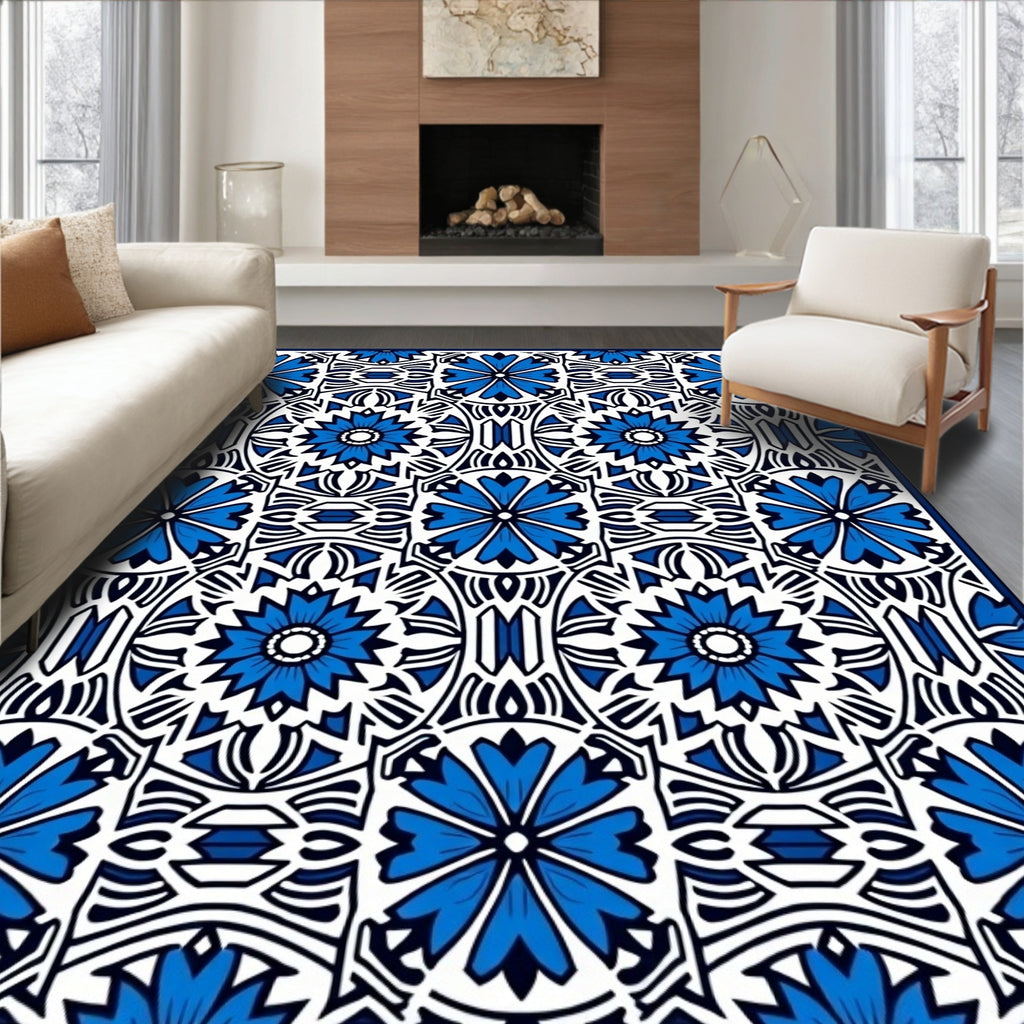 Blue Tiled Floral Geometric Pattern Rug
