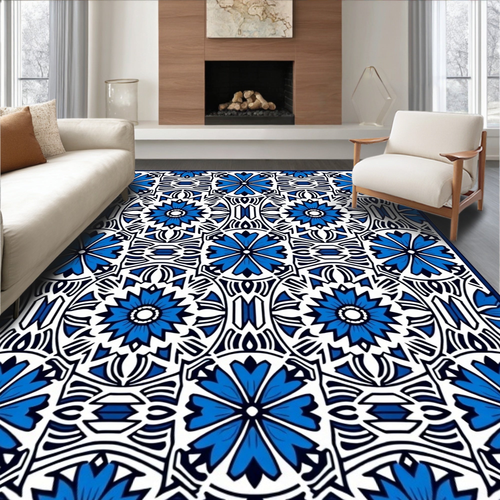 Blue Tiled Floral Geometric Pattern Rug