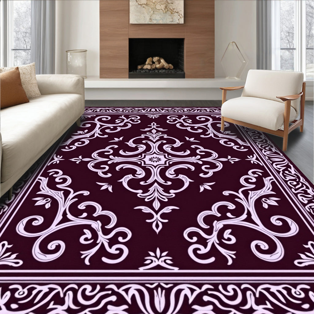 Ornate Floral Scrollwork Damask Pattern Rug