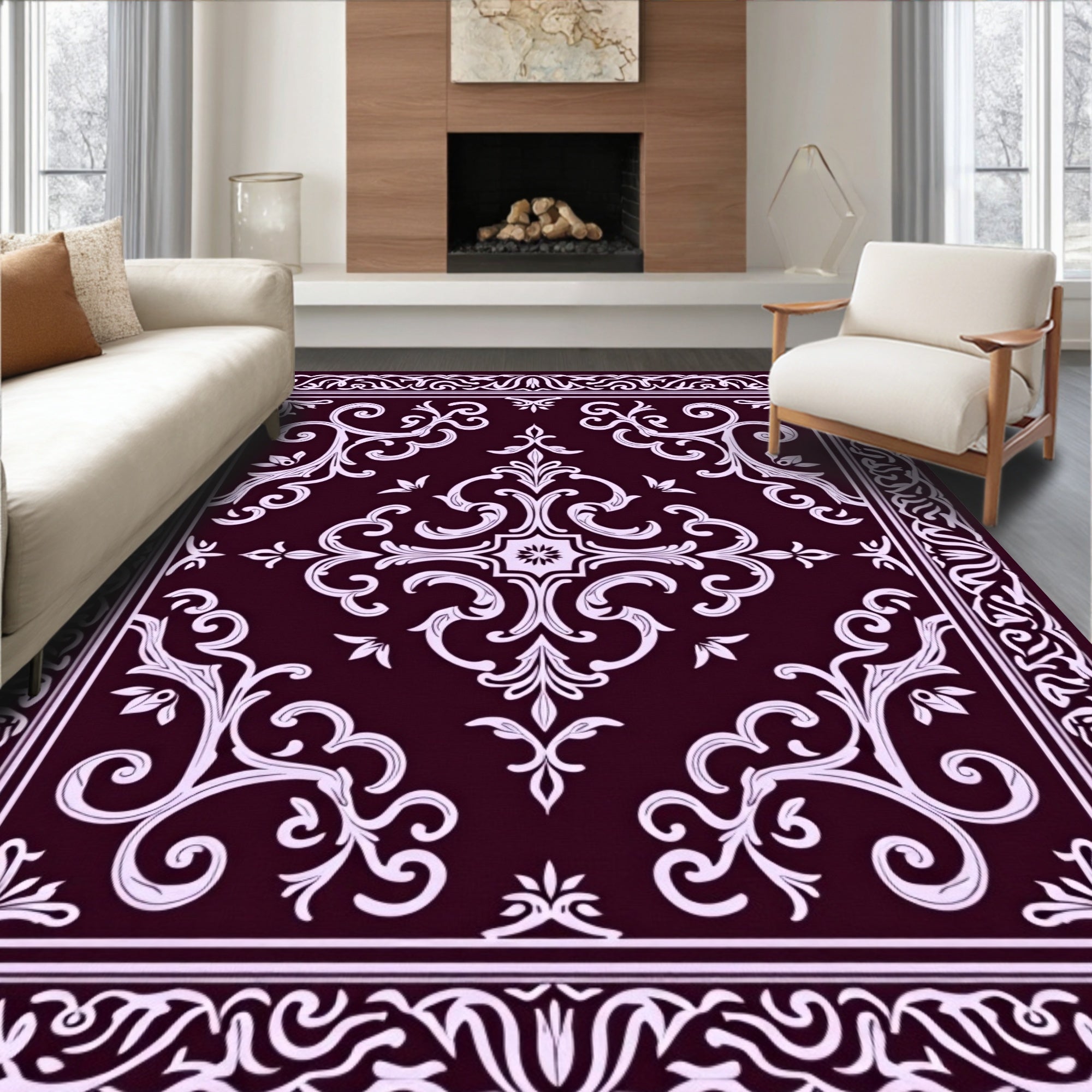 Ornate Floral Scrollwork Damask Pattern Rug