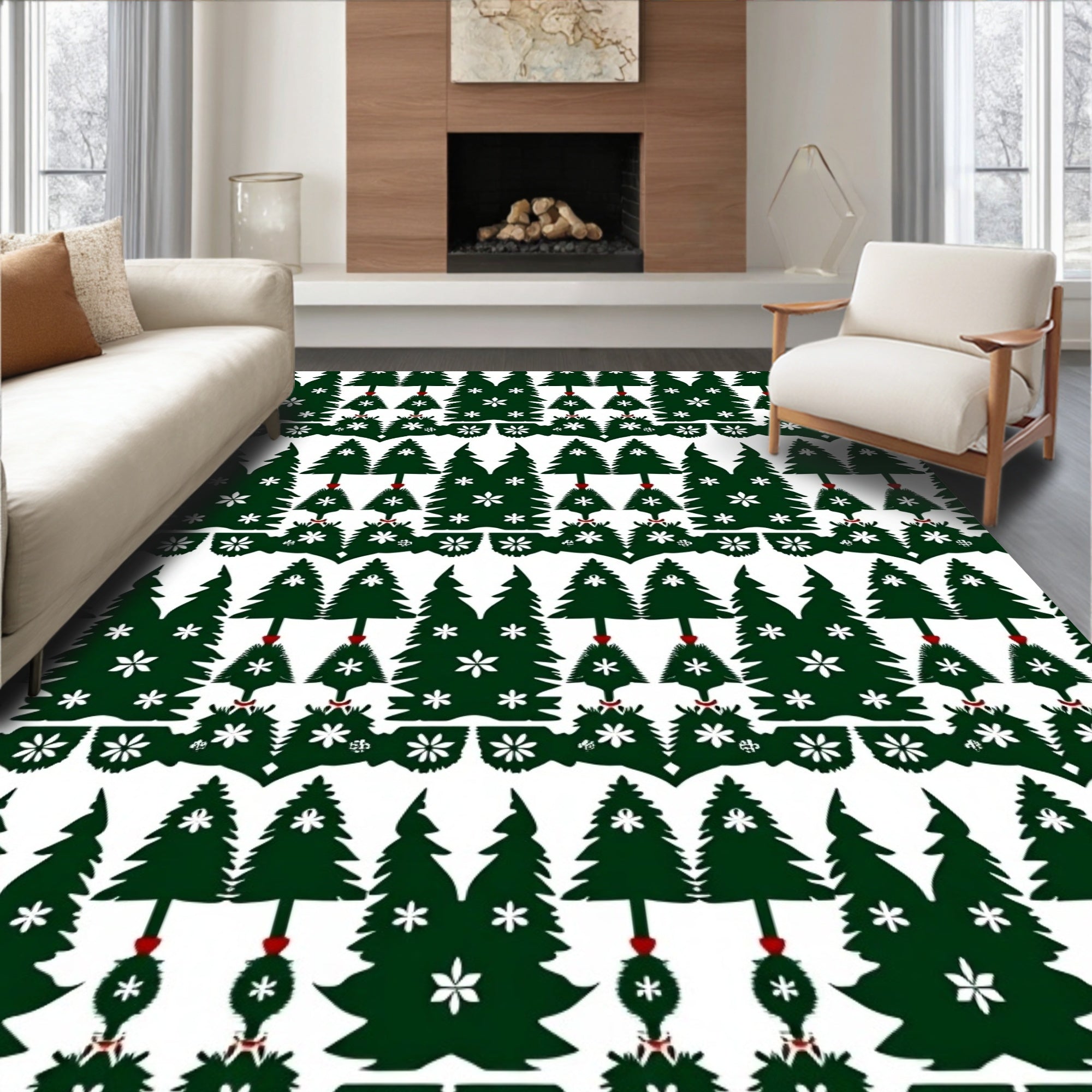 Festive Green Christmas Tree Snow Cluster Rug