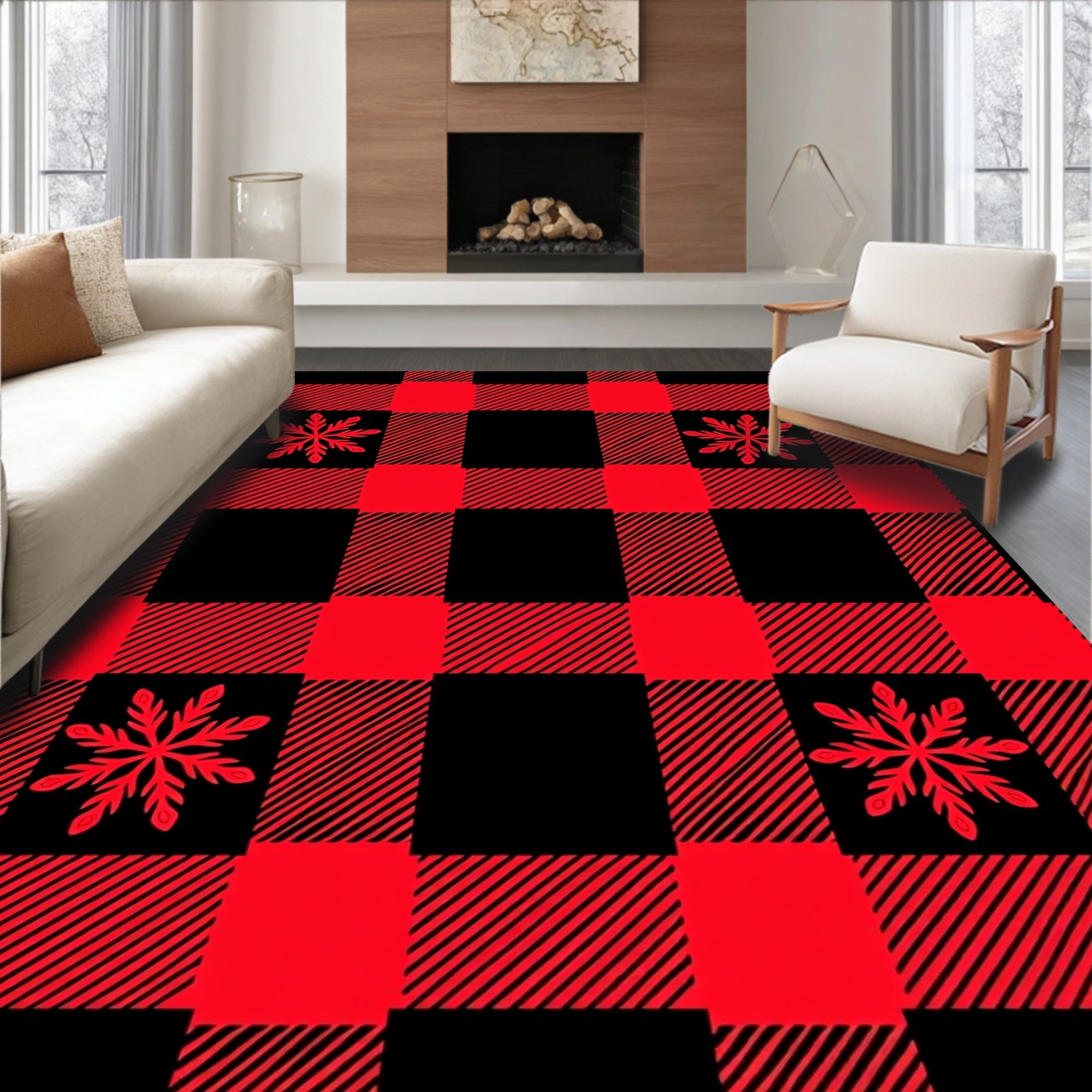 Crimson Snowflake Buffalo Check Rug
