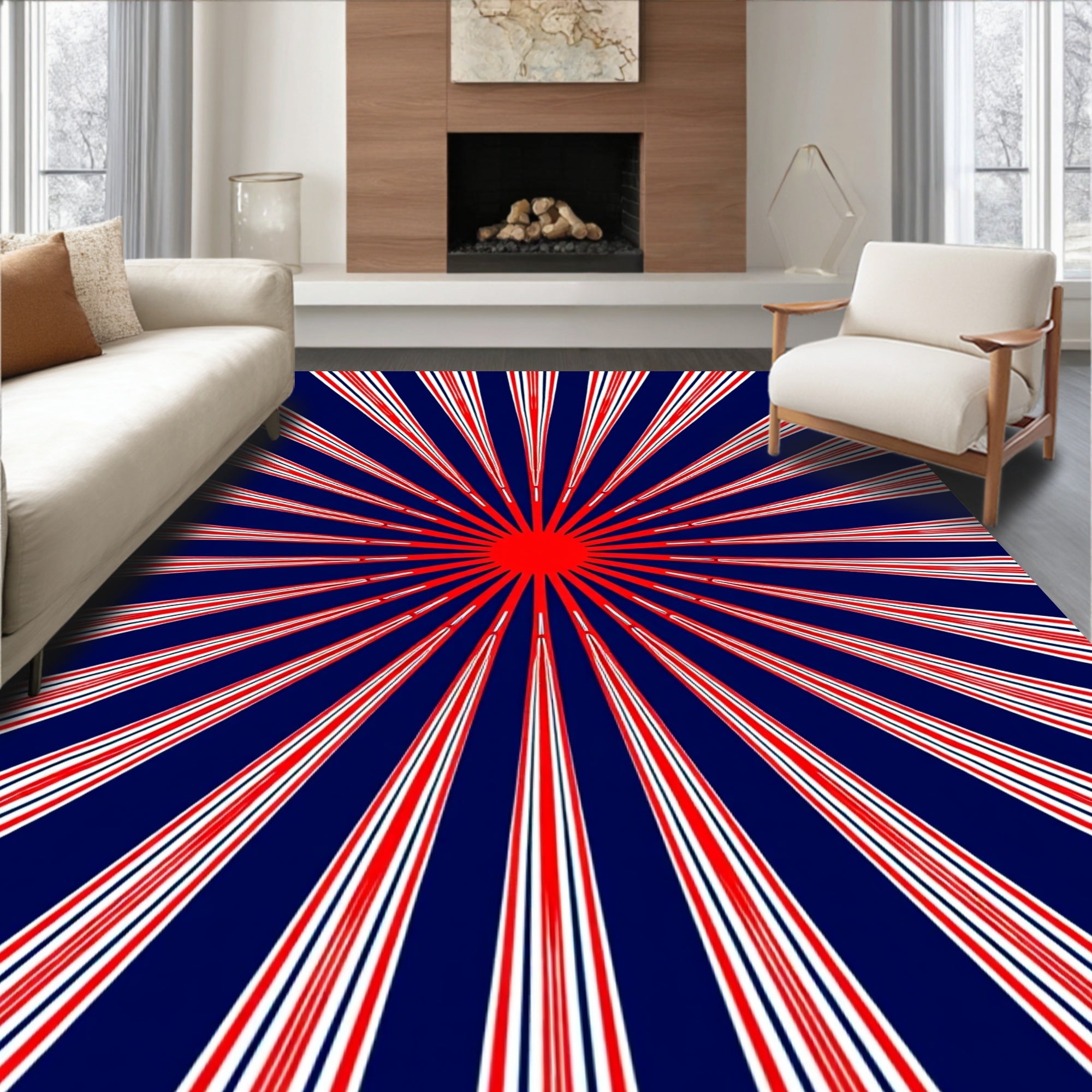 Radiating Red White Blue Rays Rug