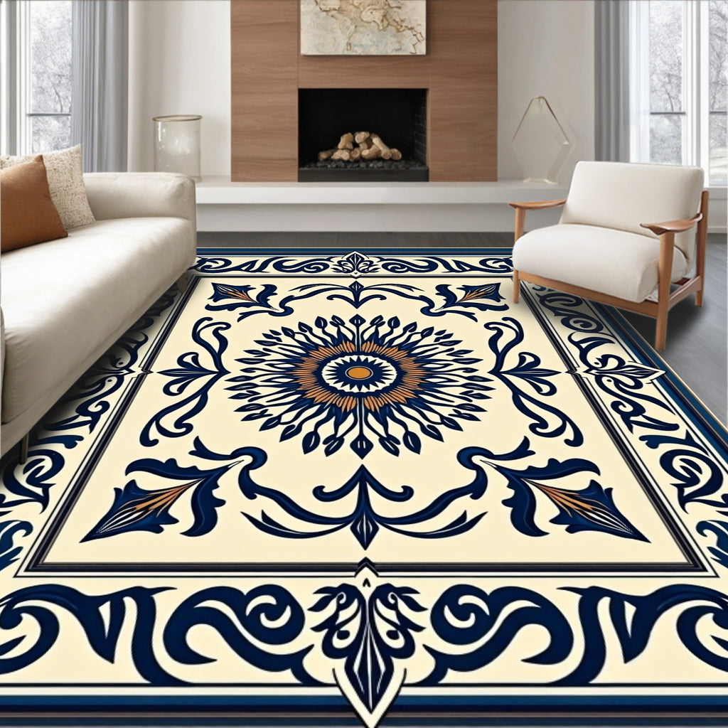 Navy Gold Floral Sunburst Medallion Rug