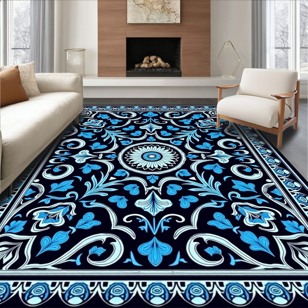 Dark Blue Floral Scroll Pattern Rug