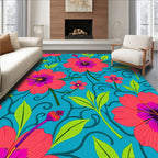 Vibrant Pink Hibiscus Teal Swirl Pattern Rug