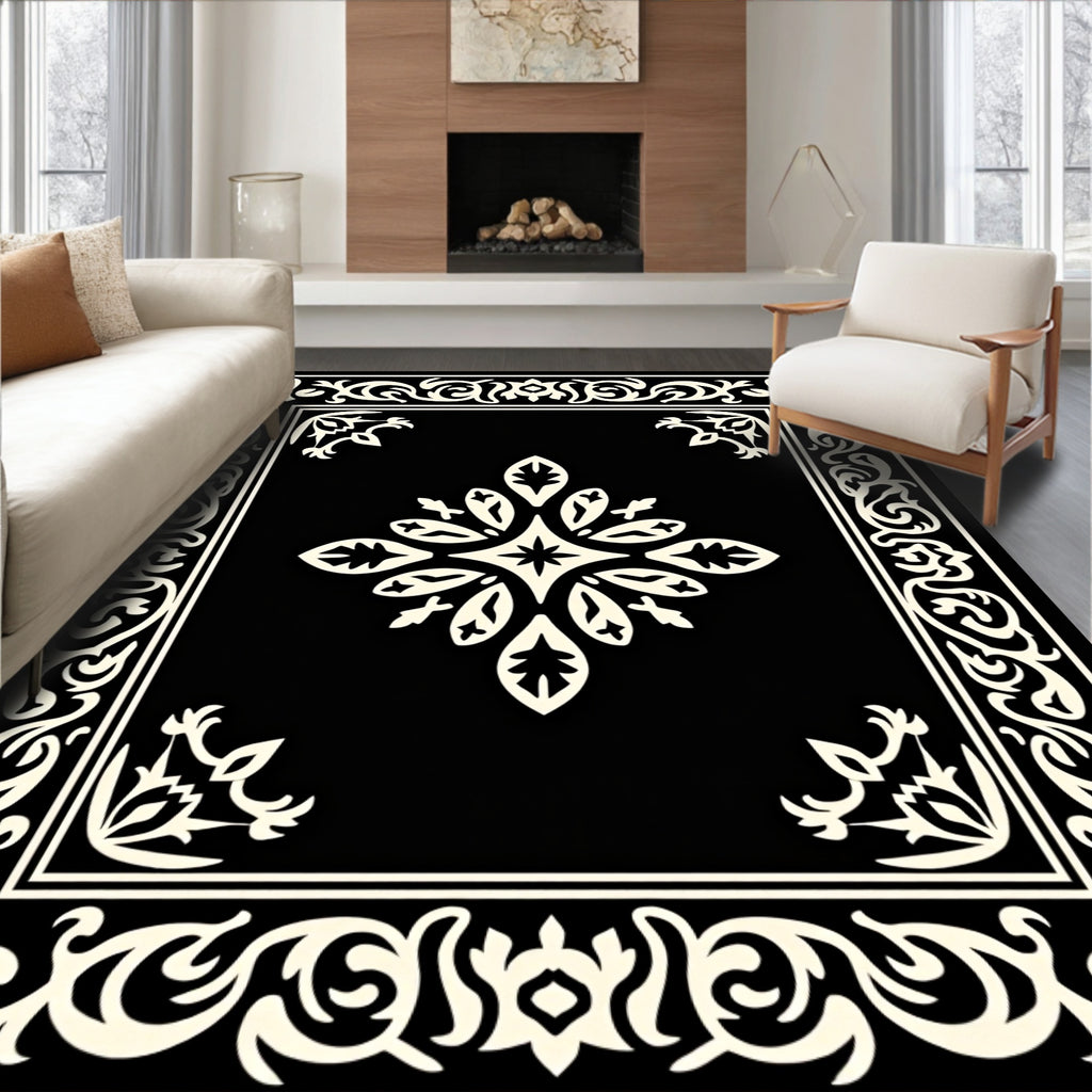 Elegant Black and Cream Scrollwork Design Rug