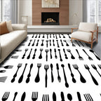 Black Cutlery Folk Utensil Collage Rug