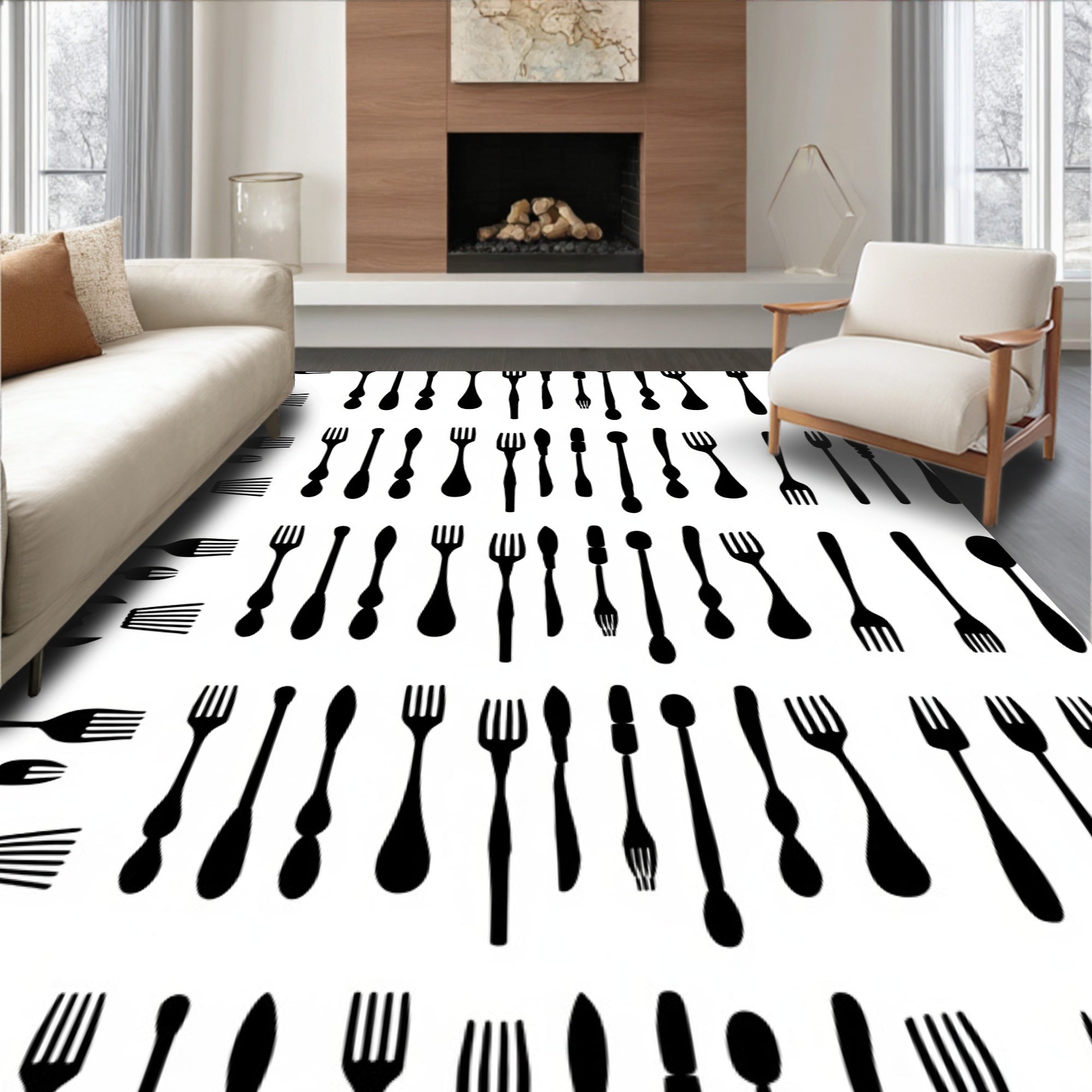 Black Cutlery Folk Utensil Collage Rug