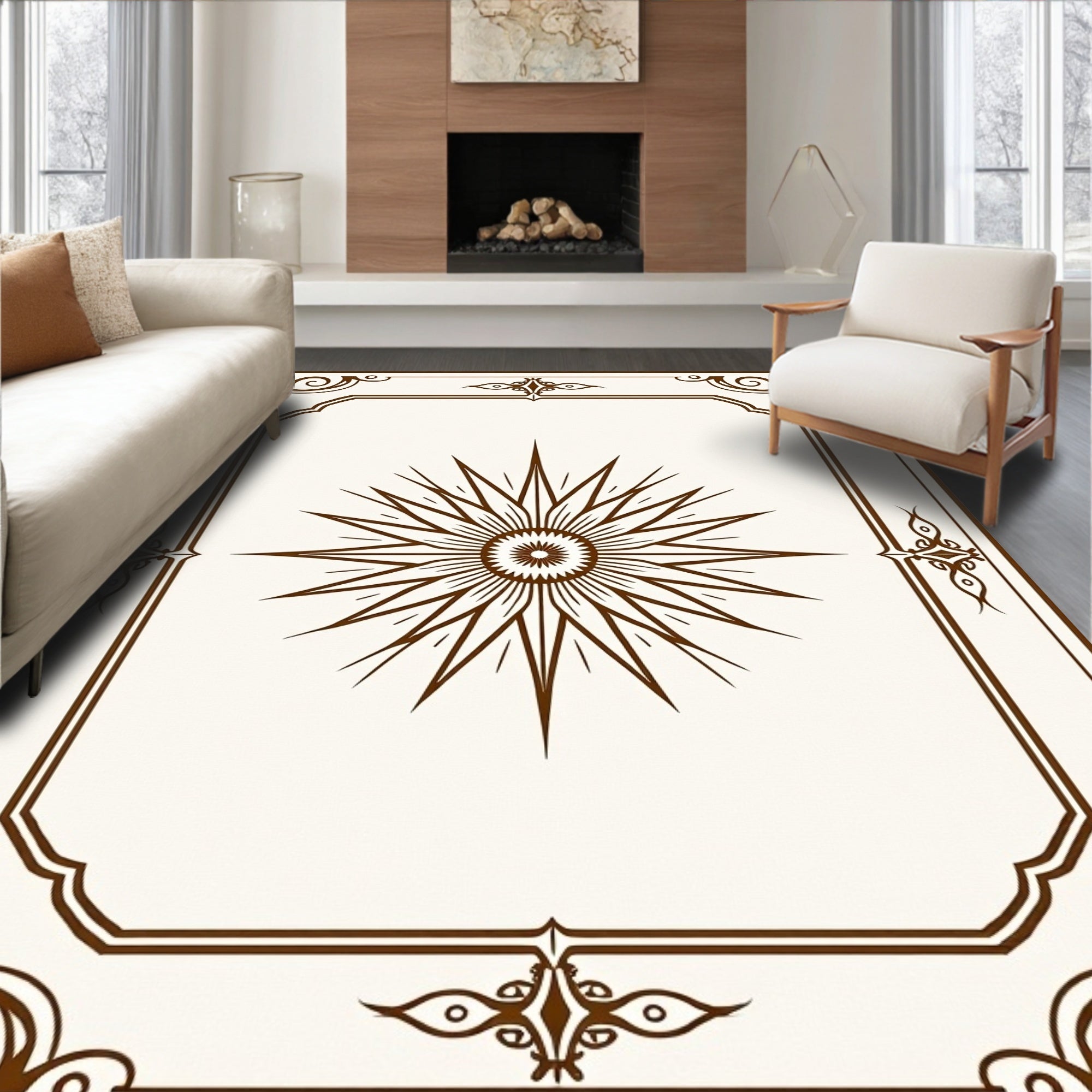 Ornate Sunburst Floral Frame Design Rug