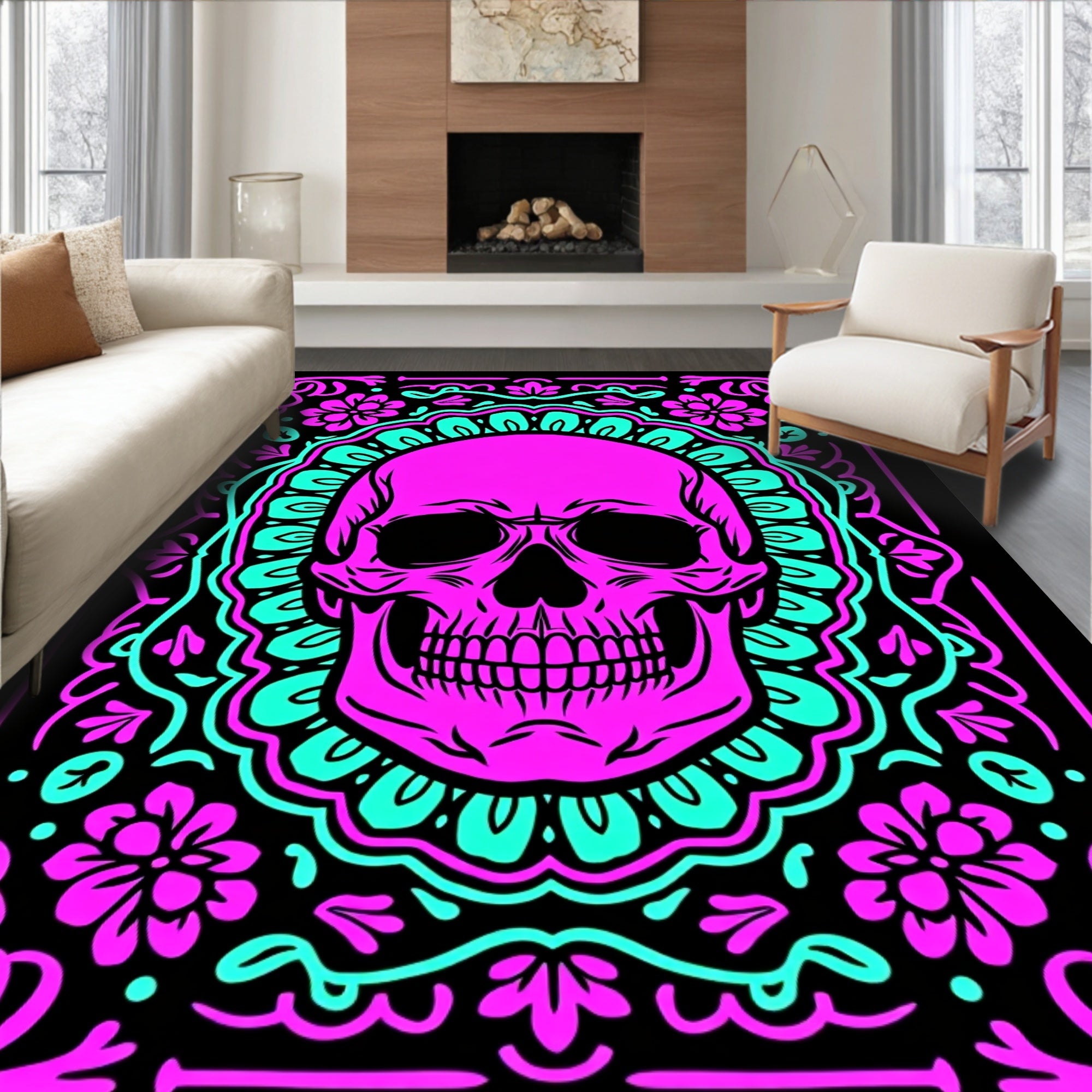Bright Pink Skull Floral Round Rug